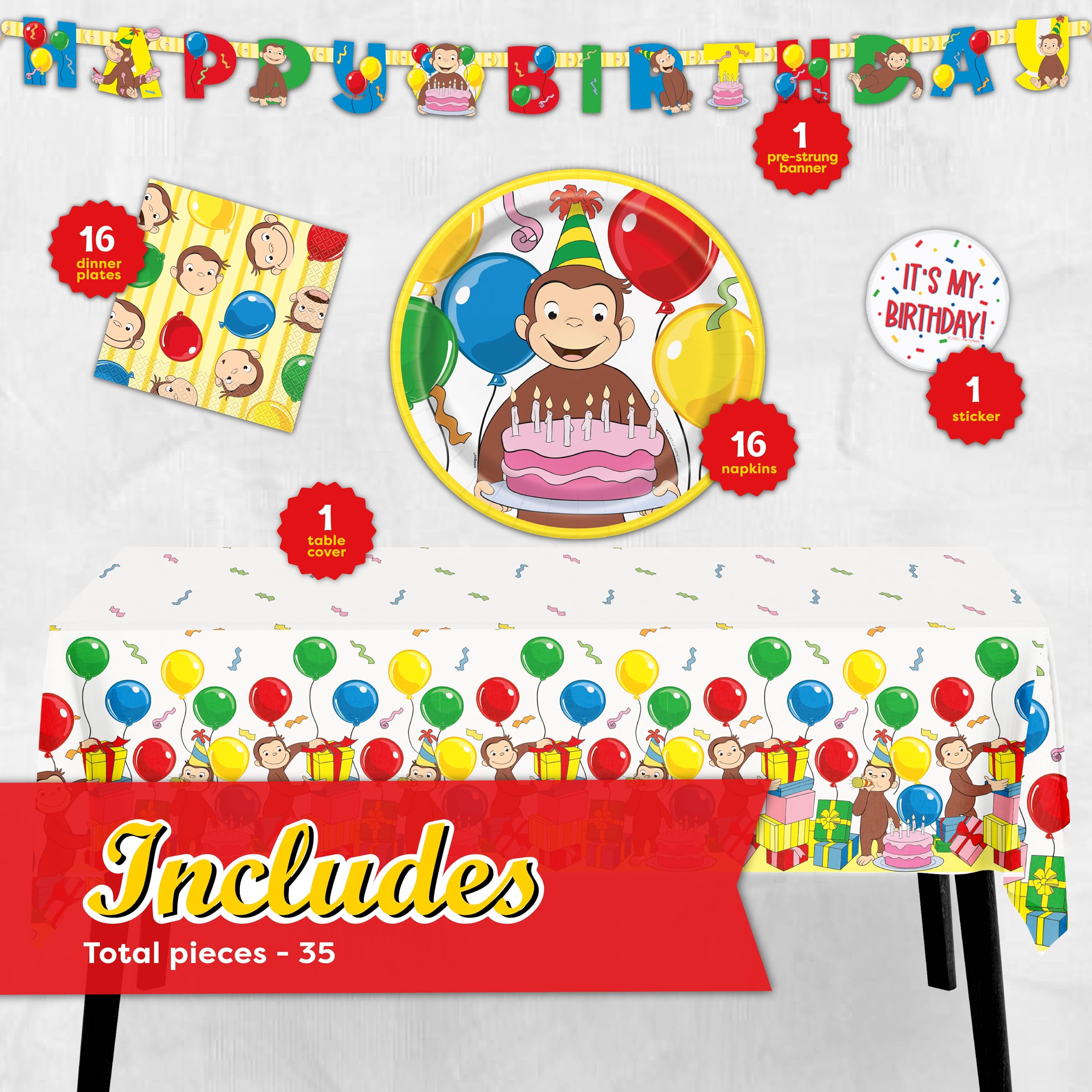 Unique Curious George napkins add quick cleanup at a 16-guest celebration.