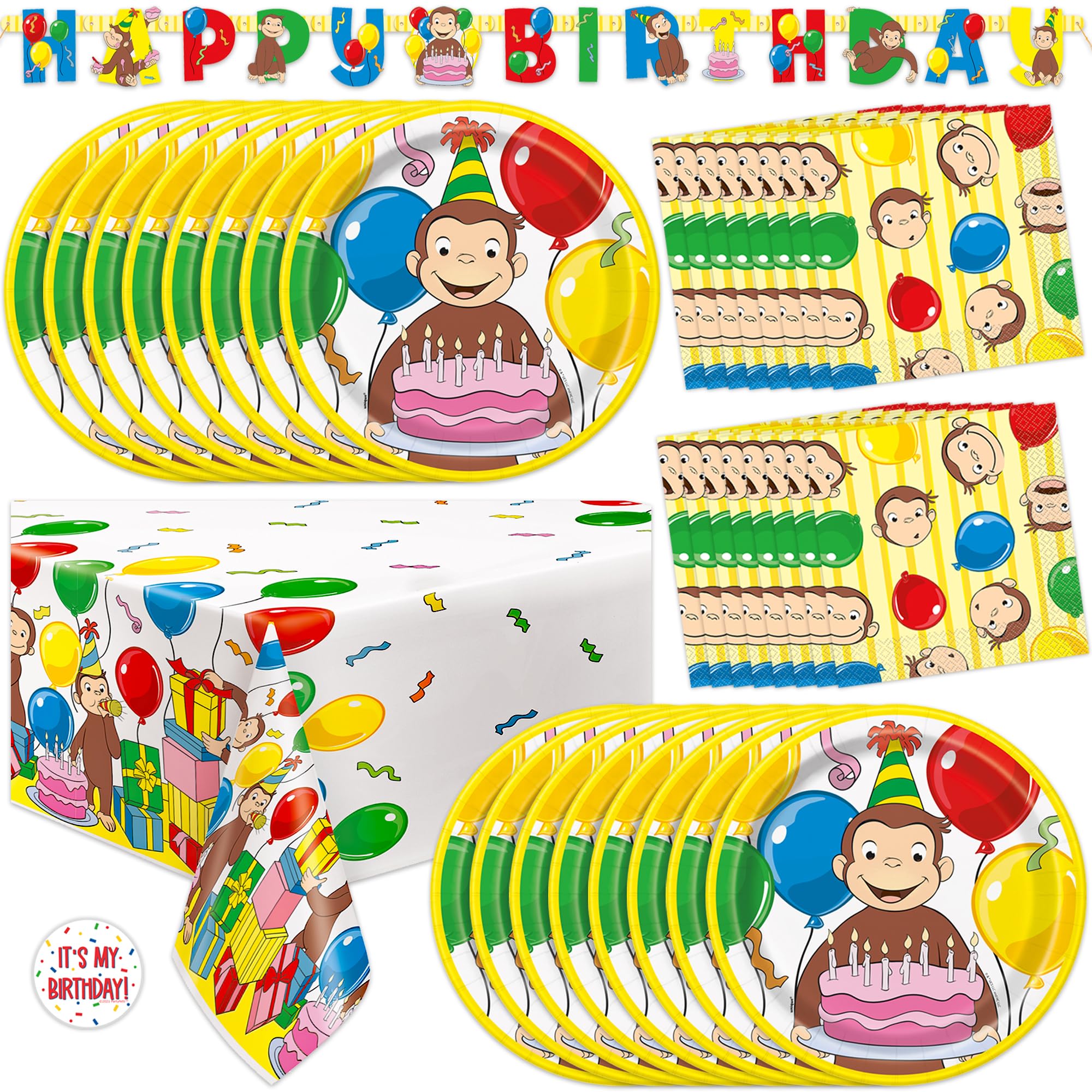 Unique Curious George plates for a 16-guest party, sturdy and spill-resistant.