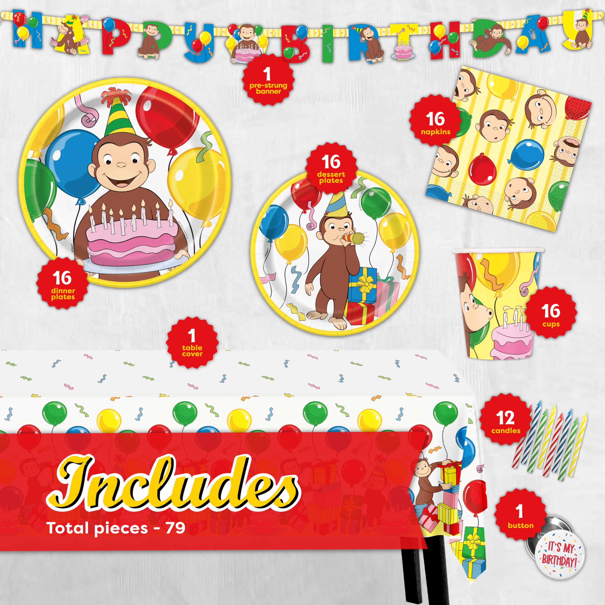 Unique Curious George tablecloth creates a cohesive theme for easy entertaining.