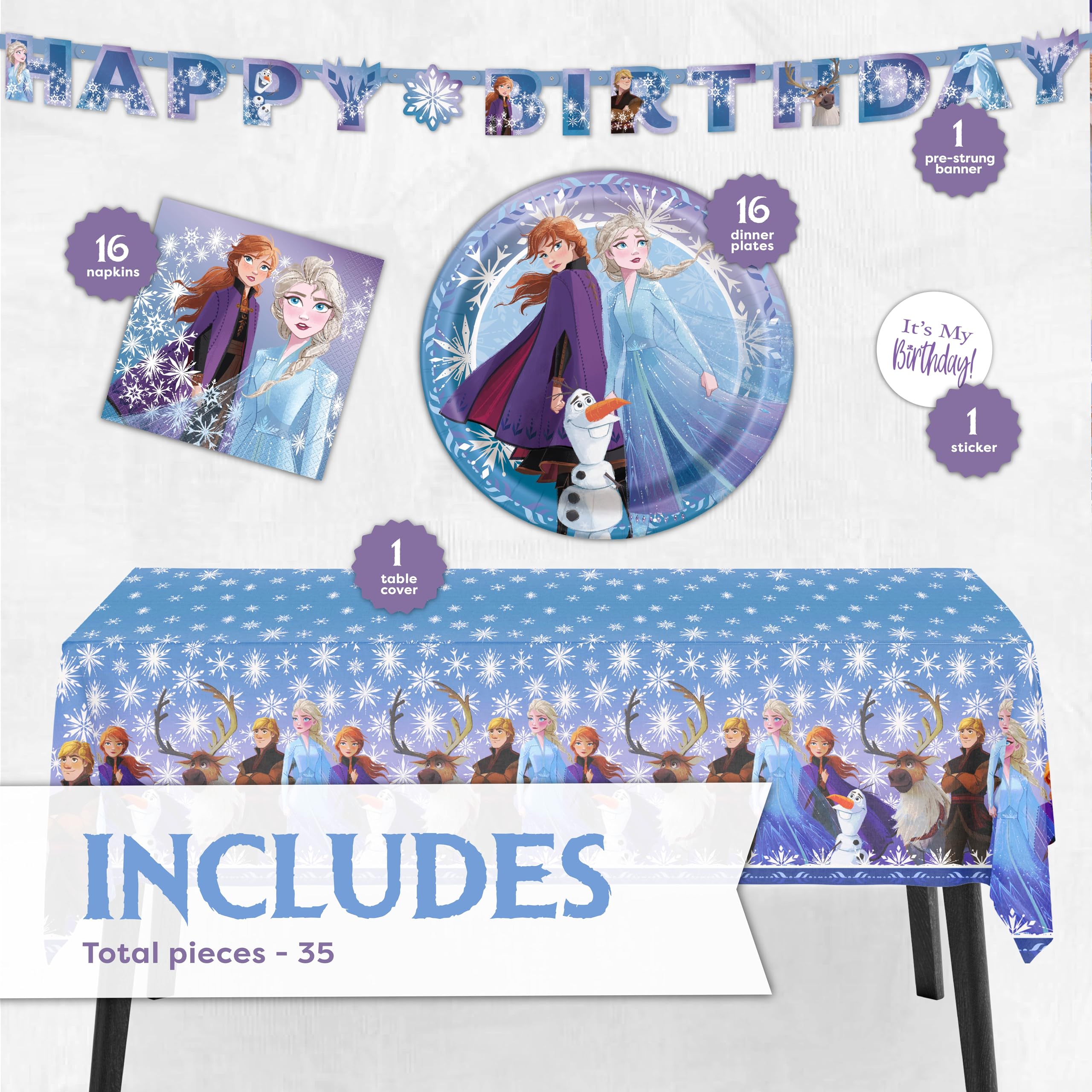 Unique Frozen tablecloth 54x84 protects surfaces and sets an icy birthday mood.