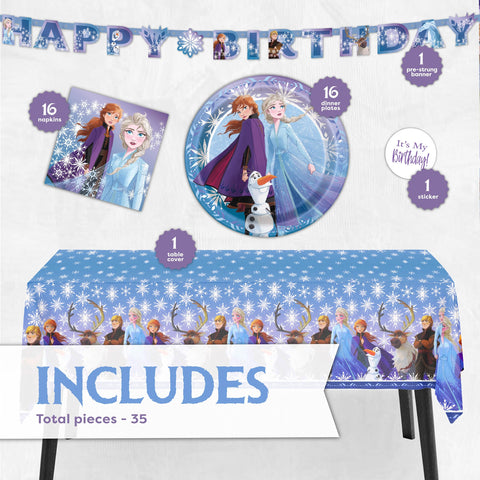 Unique Frozen tablecloth 54x84 protects surfaces and sets an icy birthday mood.