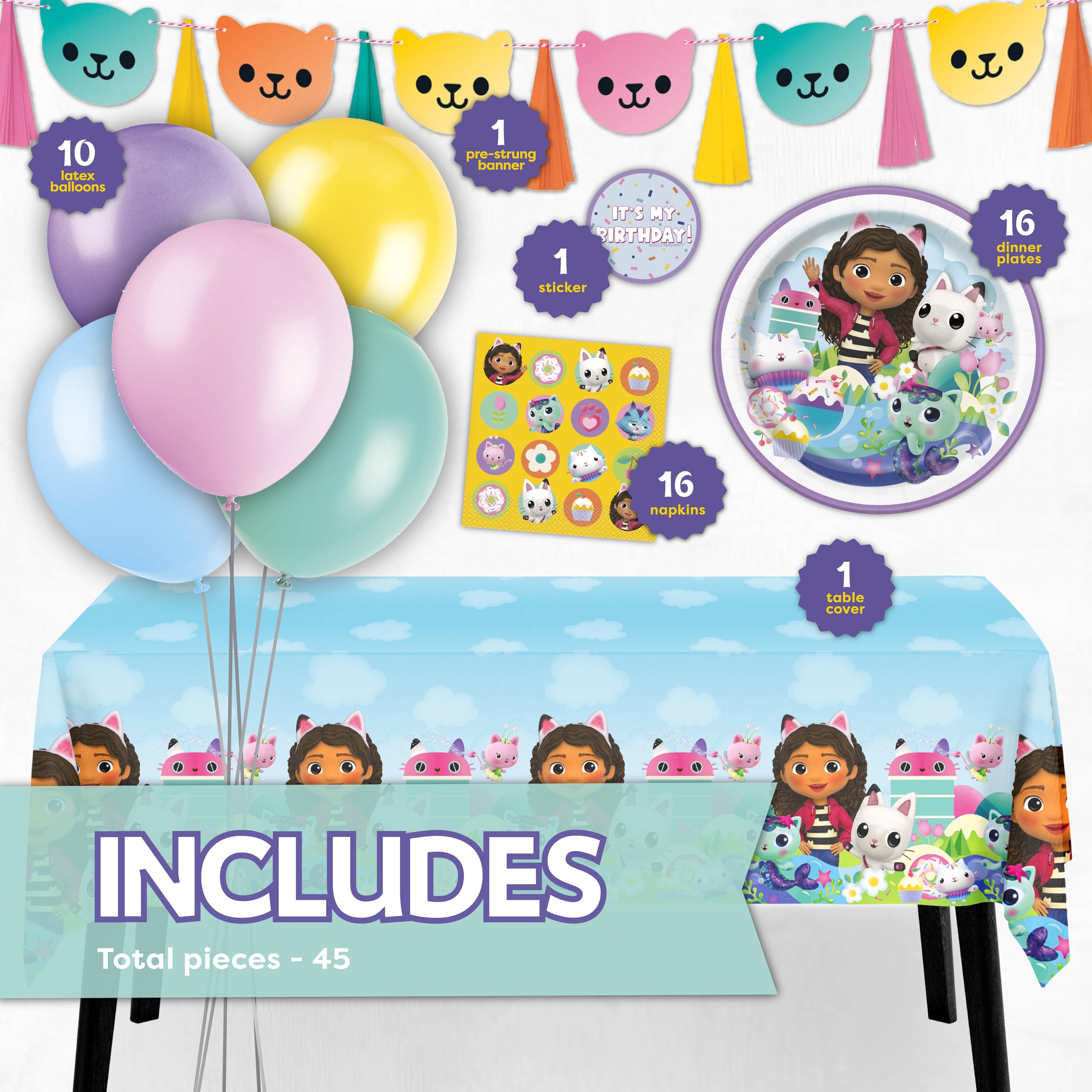 Unique Gabby Dollhouse banner adds color and a focal point to your celebration.