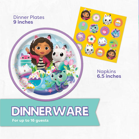 Unique Gabby Dollhouse plates provide sturdy dinnerware for pizza or cake.