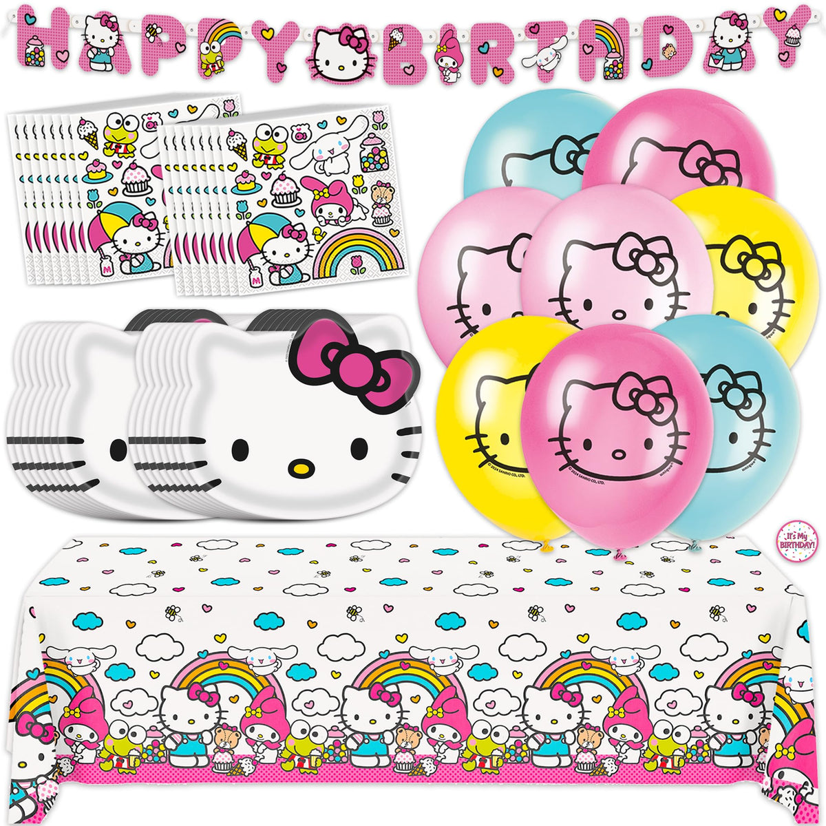 Unique Hello Kitty balloons brighten the party space with cheerful color