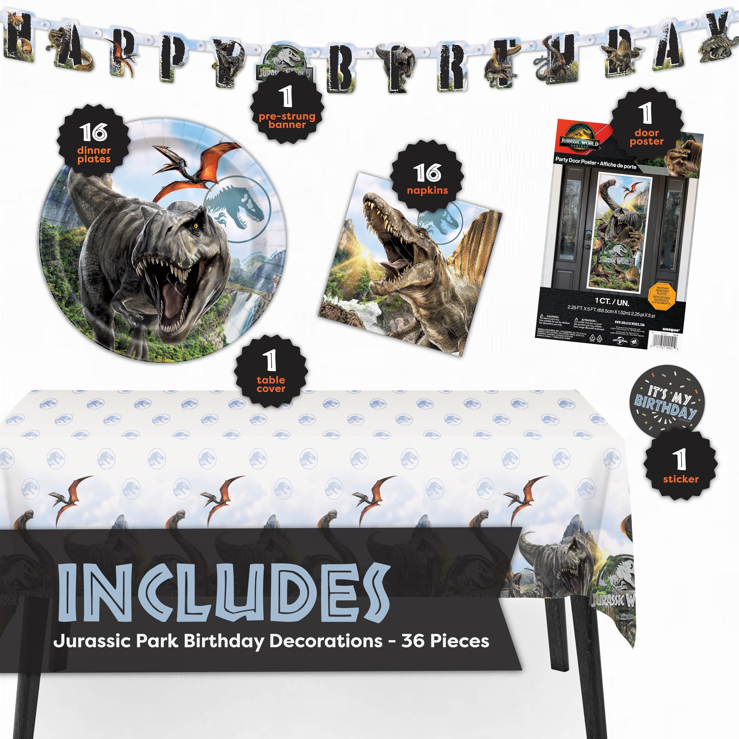 Unique Jurassic Park banner adds a bold centerpiece for the party