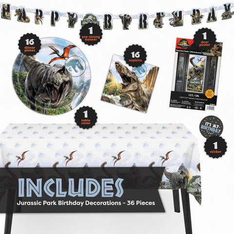 Unique Jurassic Park banner adds a bold centerpiece for the party