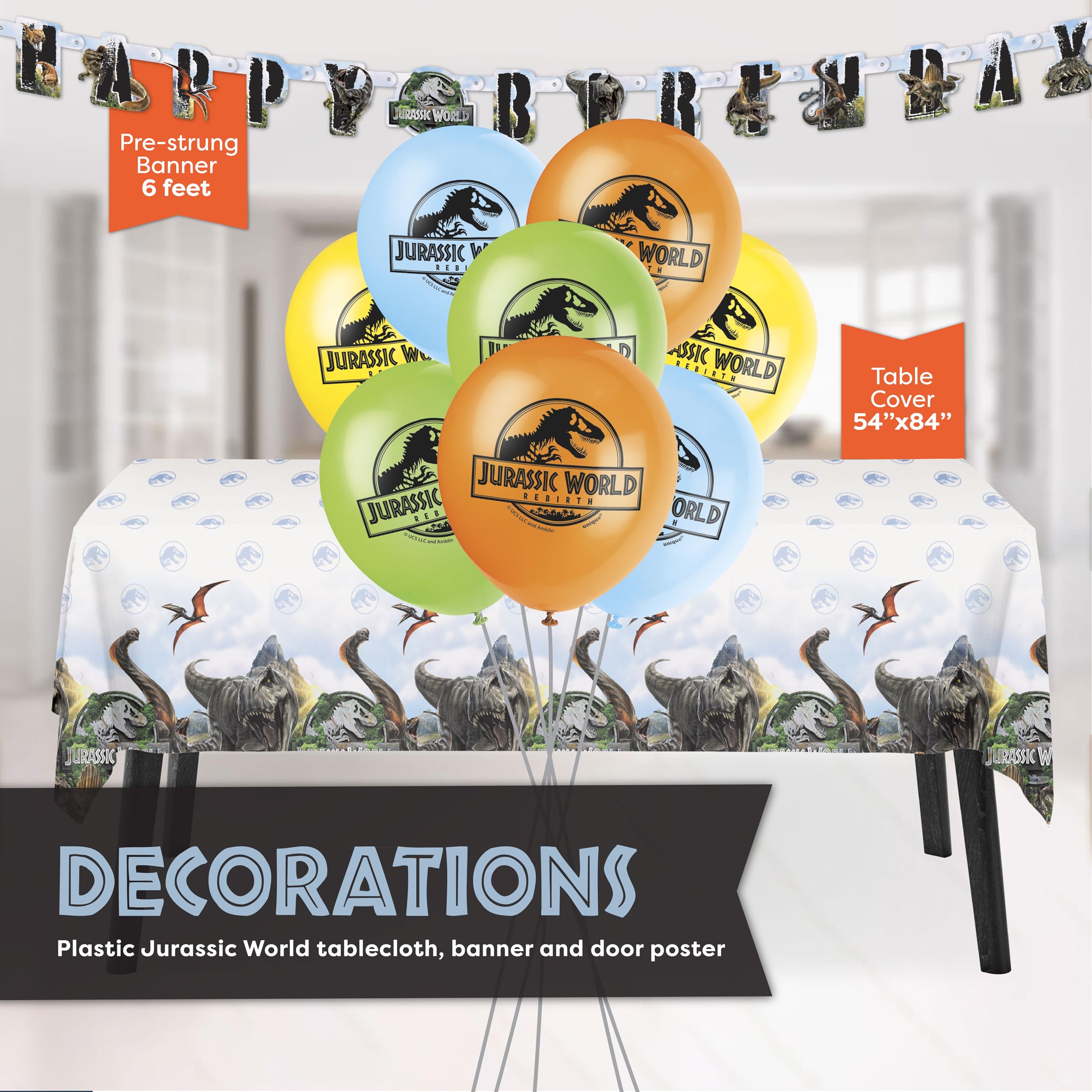 Unique Jurassic Park tablecloth protects surfaces during celebration.