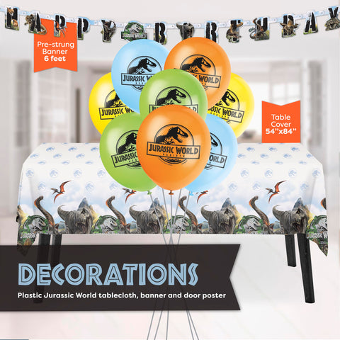 Unique Jurassic Park tablecloth protects surfaces during celebration.