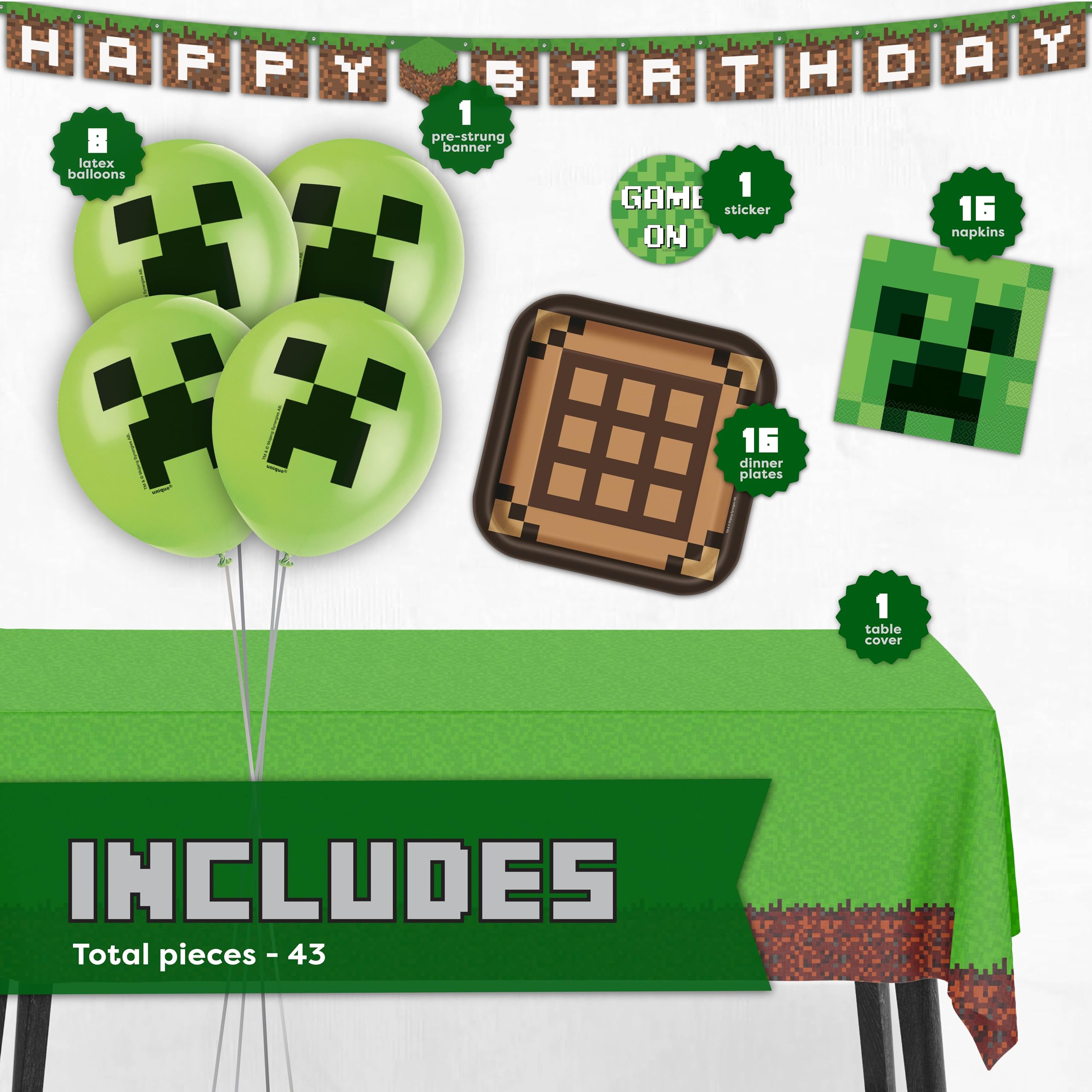 Unique Minecraft balloons create festive gaming atmosphere.