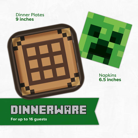 Unique Minecraft napkins catch spills during cake time.