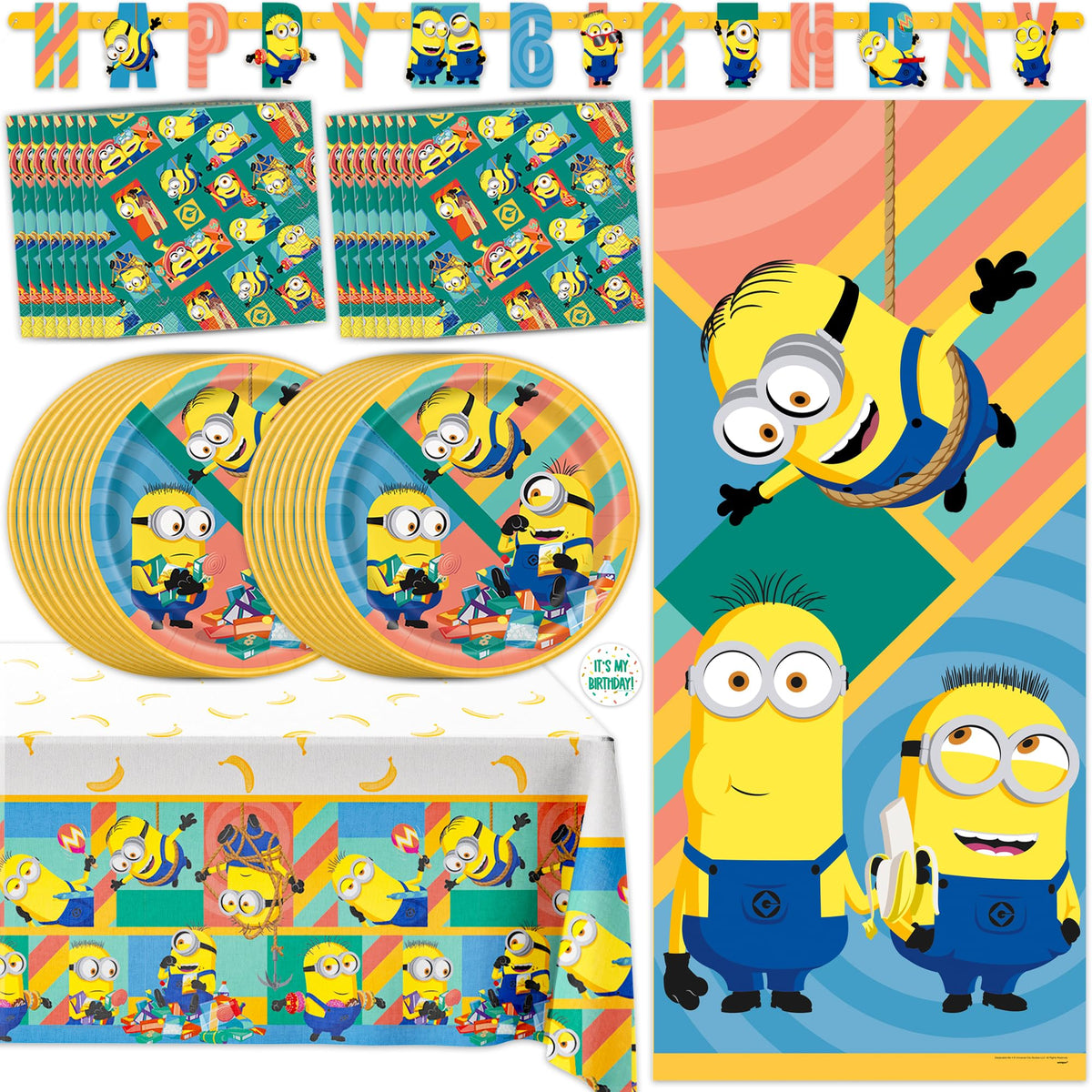 Unique Minions 6ft banner brightens the party entrance for a playful celebration.