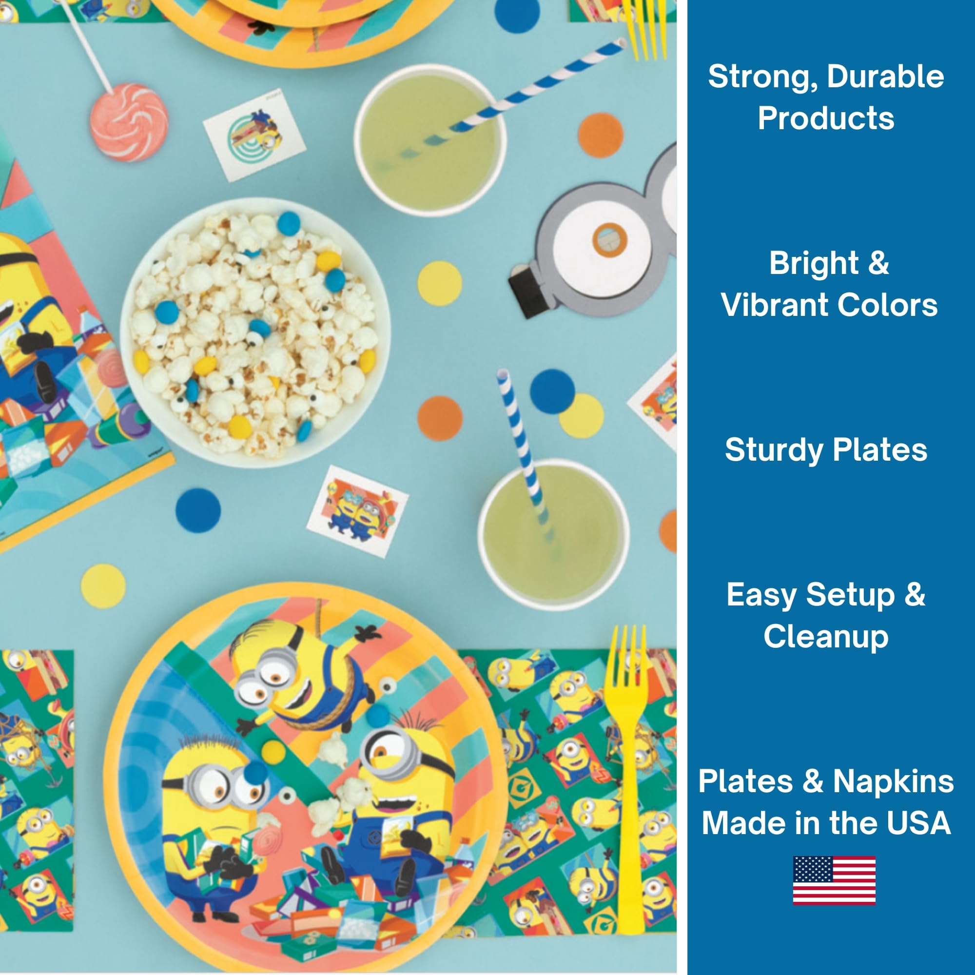 Unique Minions banner decor adds a focal party element and photo moments.