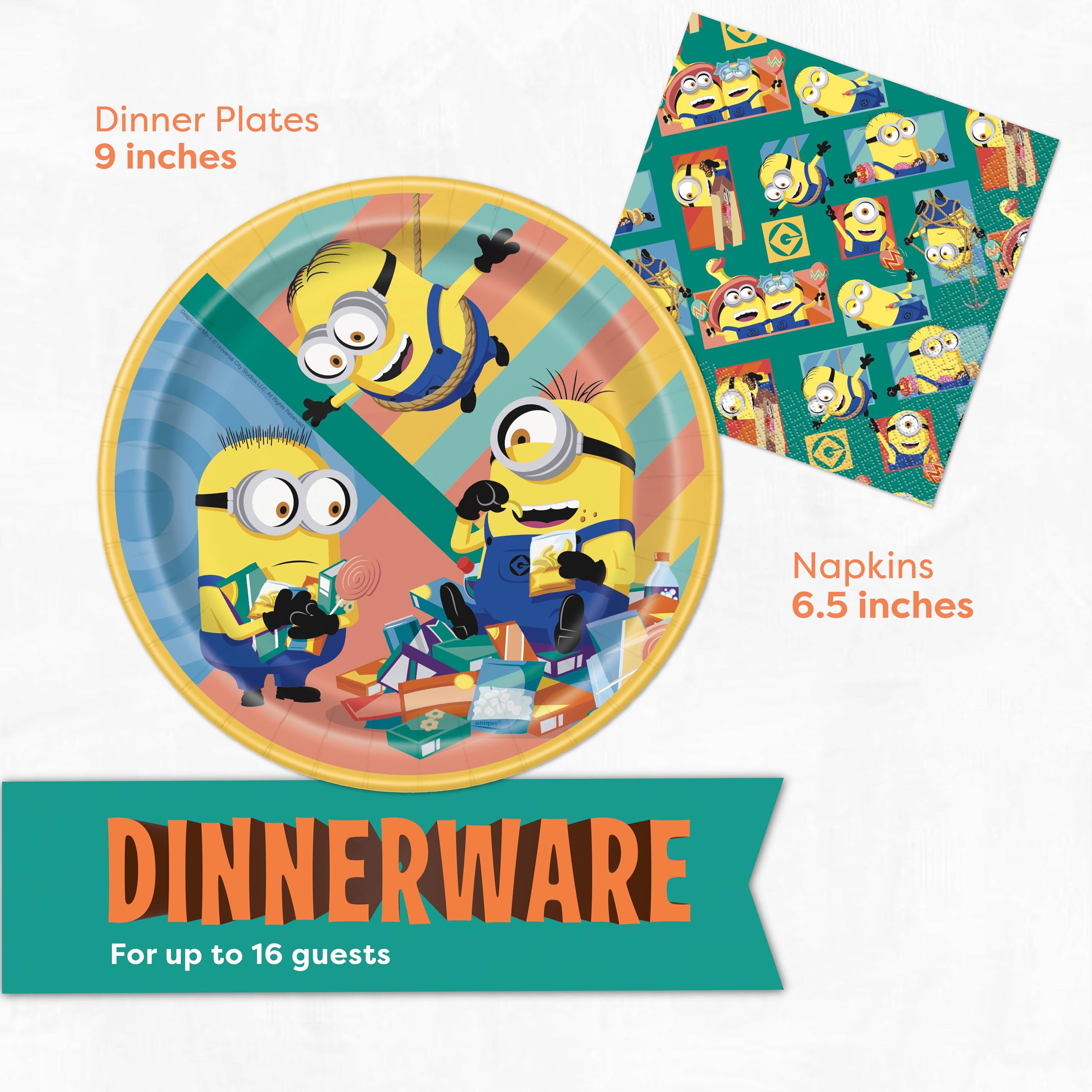 Unique Minions 9-inch plates provide sturdy service for pizza and treats.