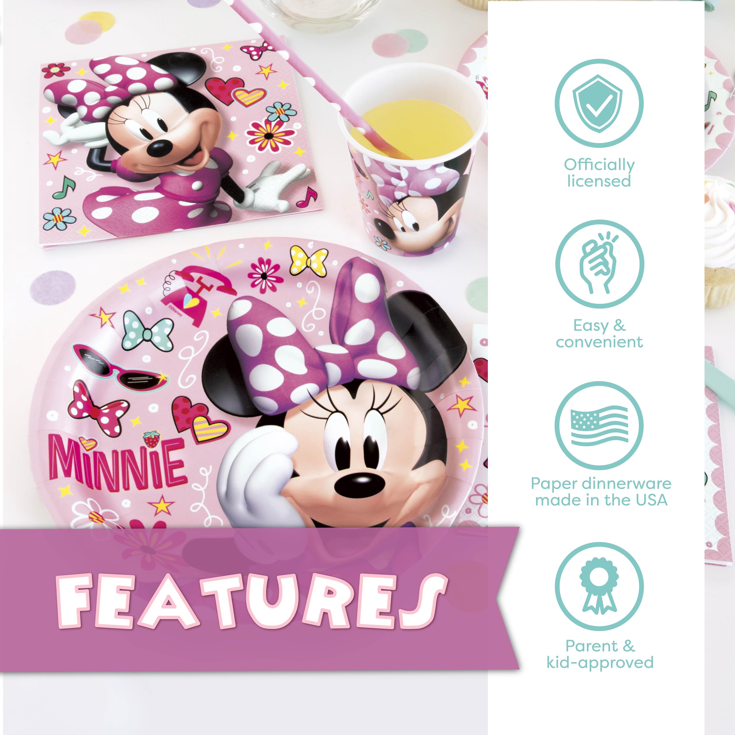 Unique Minnie Mouse stickers decorate guests and celebrate the birthday moment.