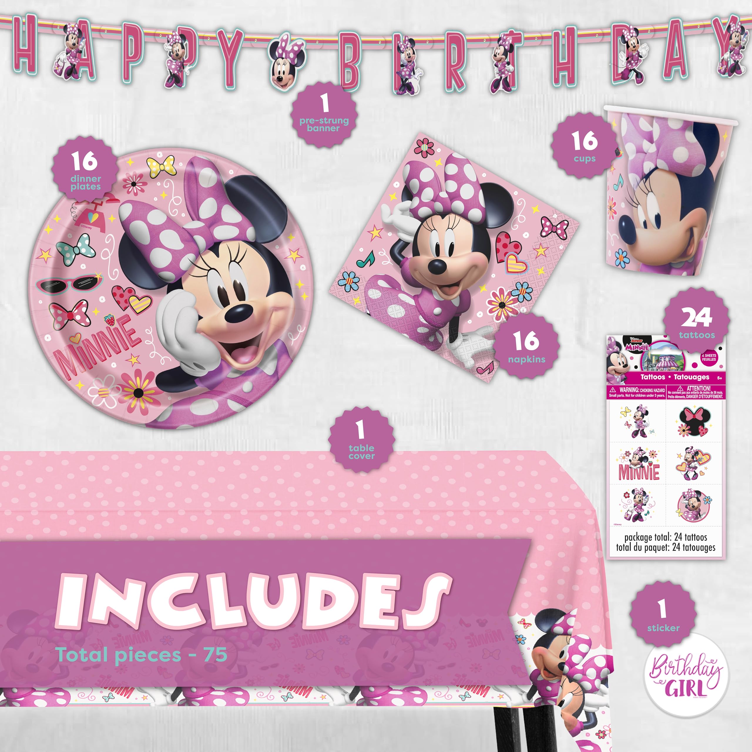Unique Minnie Mouse table cover protects surfaces and unifies the table setting.