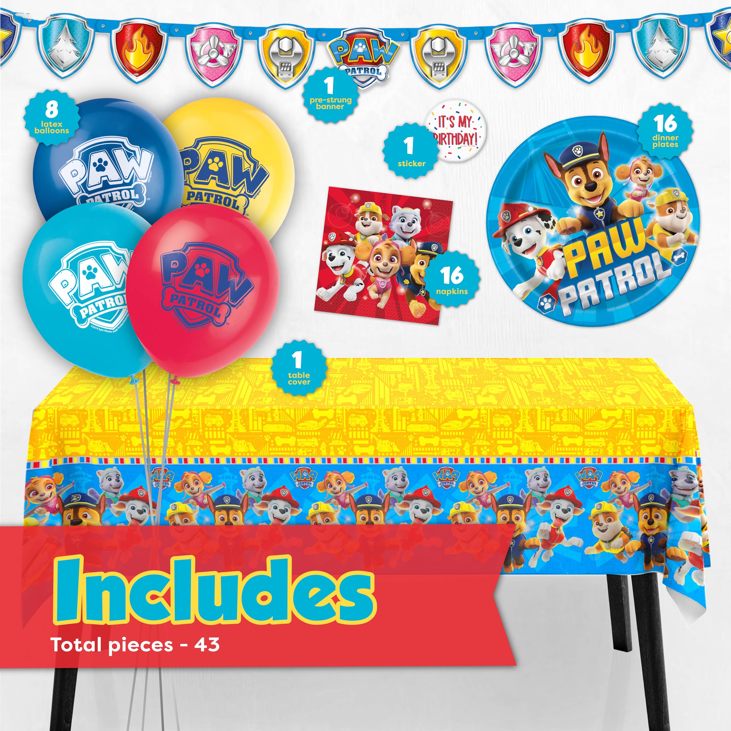 Unique Paw Patrol balloons add bright color and festive flair to the party space