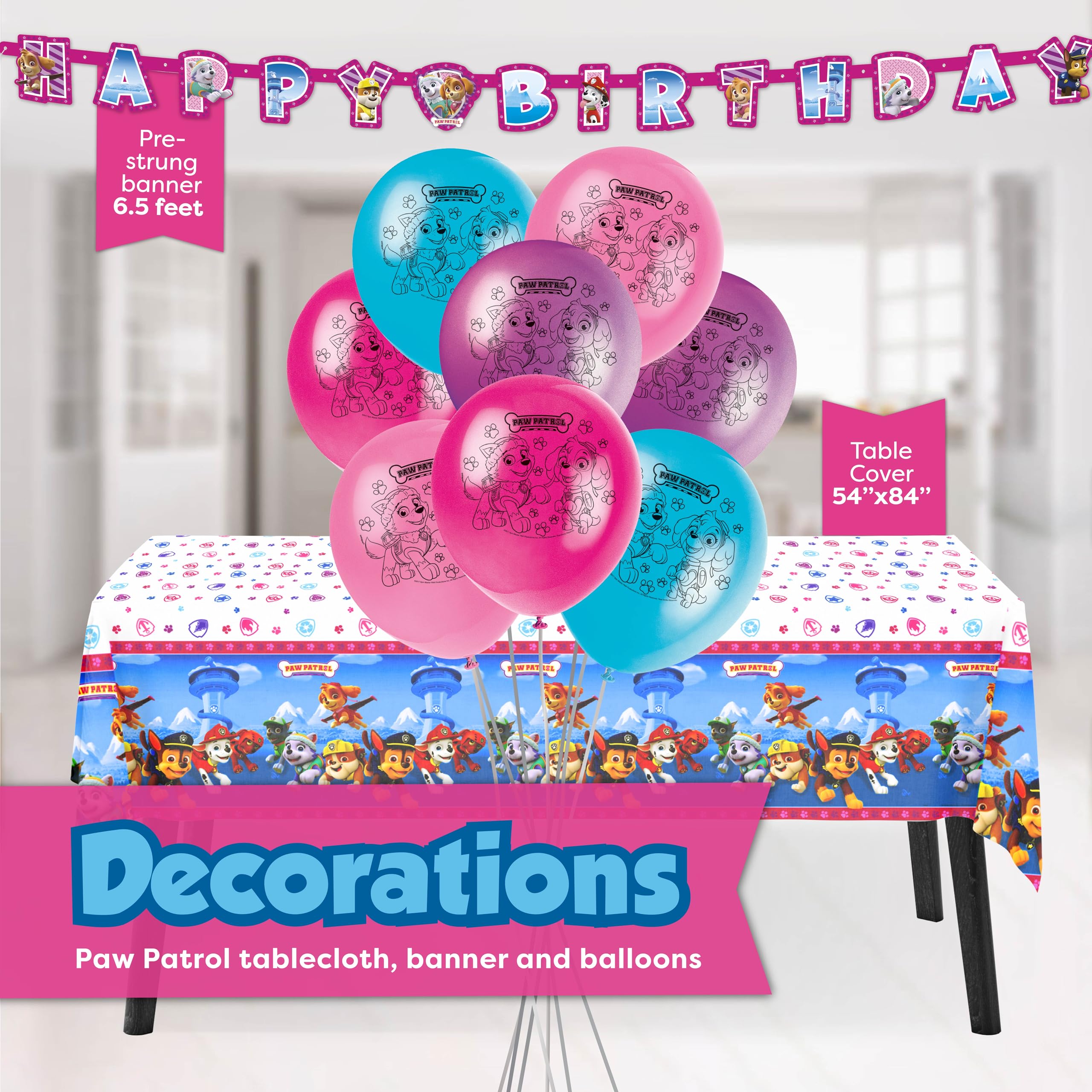 Unique Paw Patrol pink balloons creating a vibrant party photo backdrop.