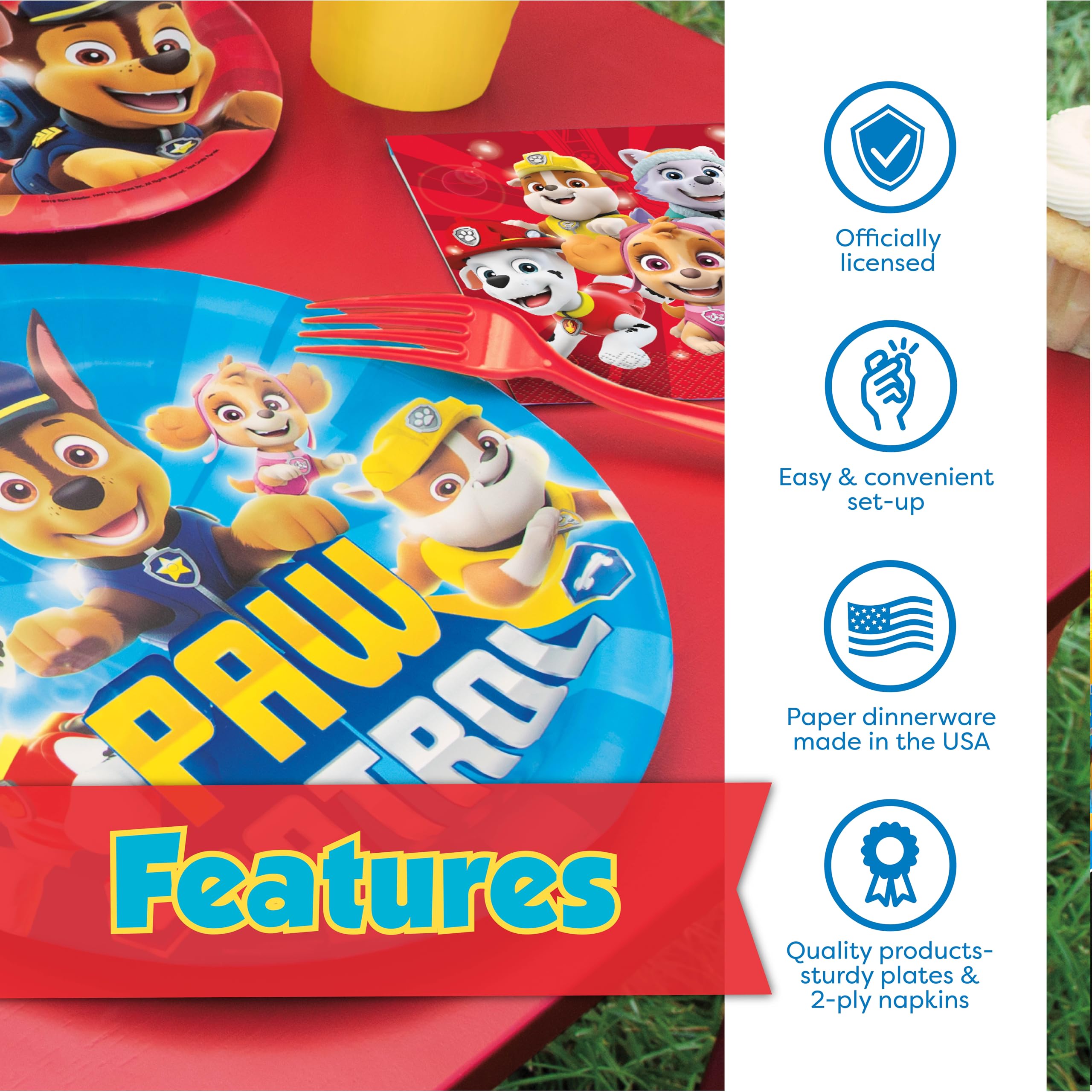 Unique Paw Patrol dinner plates and napkins simplify serving and cleanup.