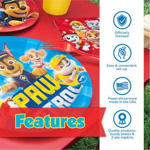 Unique Paw Patrol dinner plates and napkins simplify serving and cleanup.