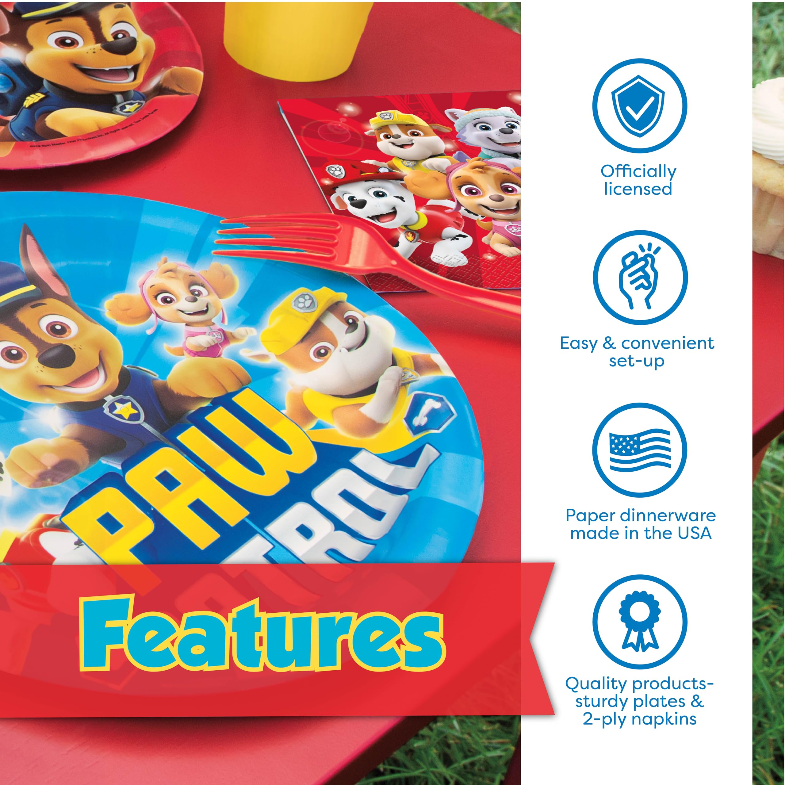 Unique Paw Patrol napkins complement the table setting and quick cleanups