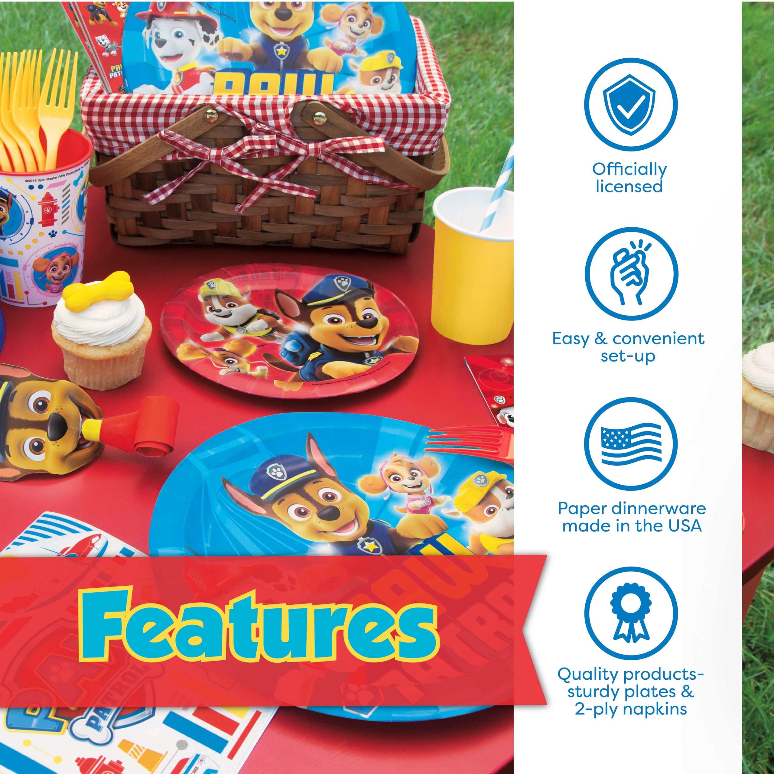 Unique Paw Patrol napkins coordinate with plates to catch spills