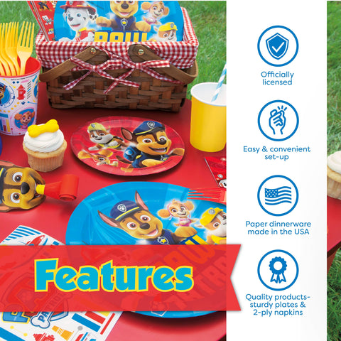Unique Paw Patrol napkins coordinate with plates to catch spills