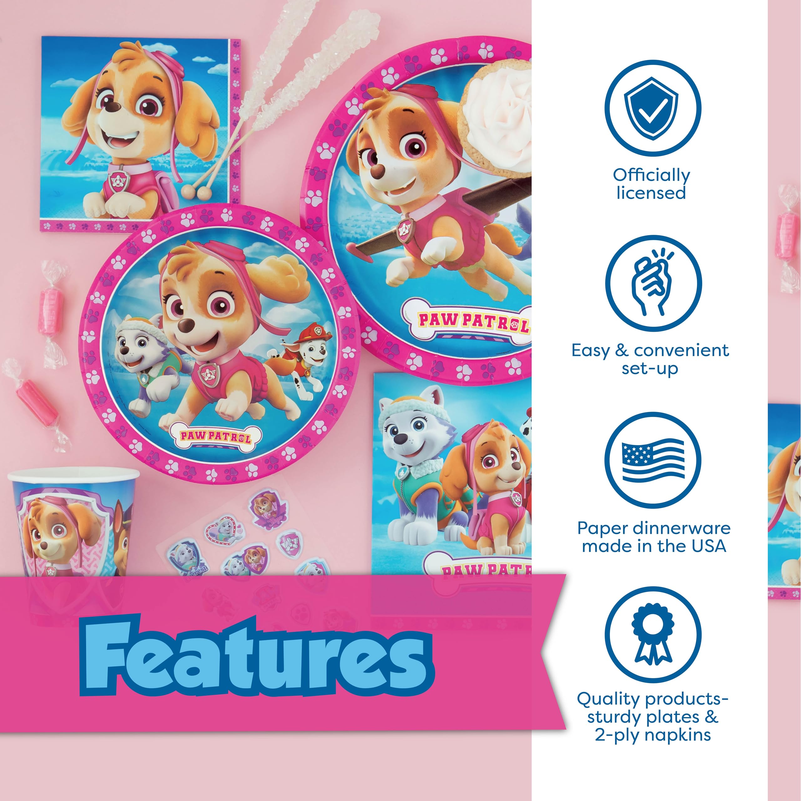 Unique Paw Patrol 9-inch plates are sized for hearty party meals.