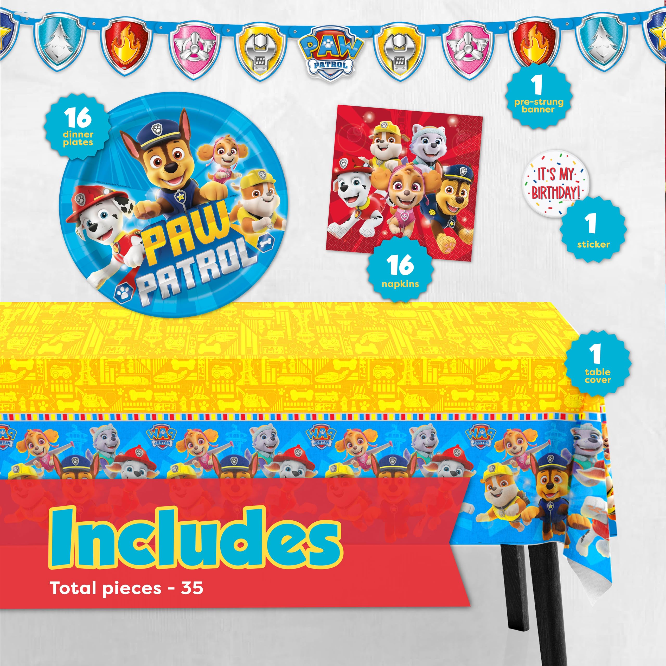 Unique Paw Patrol tablecloth 54x84 provides spill protection and bright party setting.