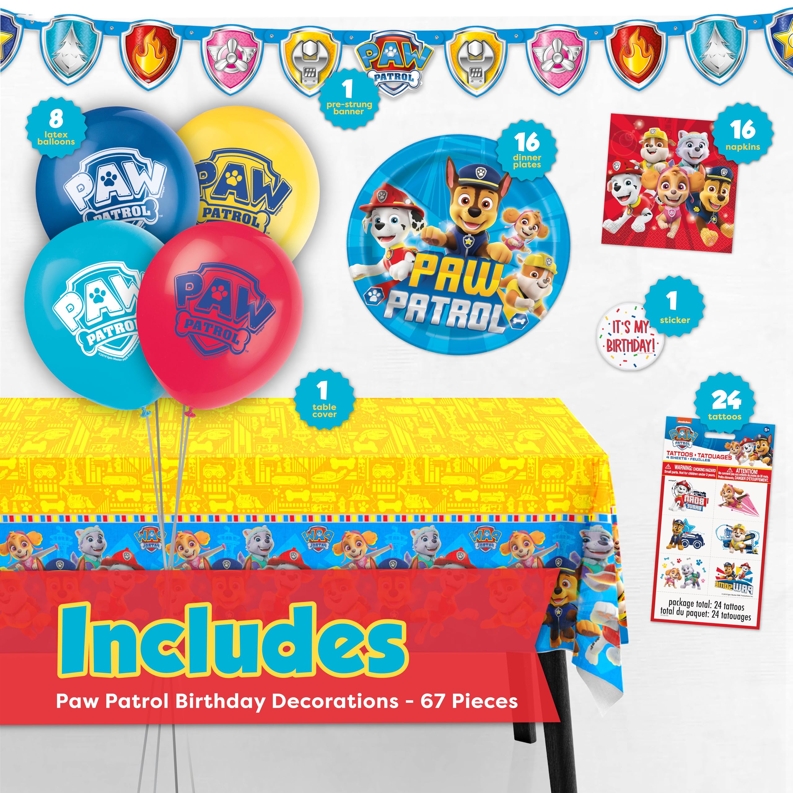 Unique Paw Patrol tablecloth 54x84 protects surfaces while brightening the party table.