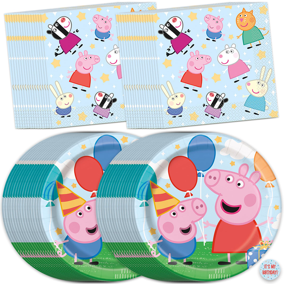 Unique Peppa Pig plates for 32 guests, quick party dining.