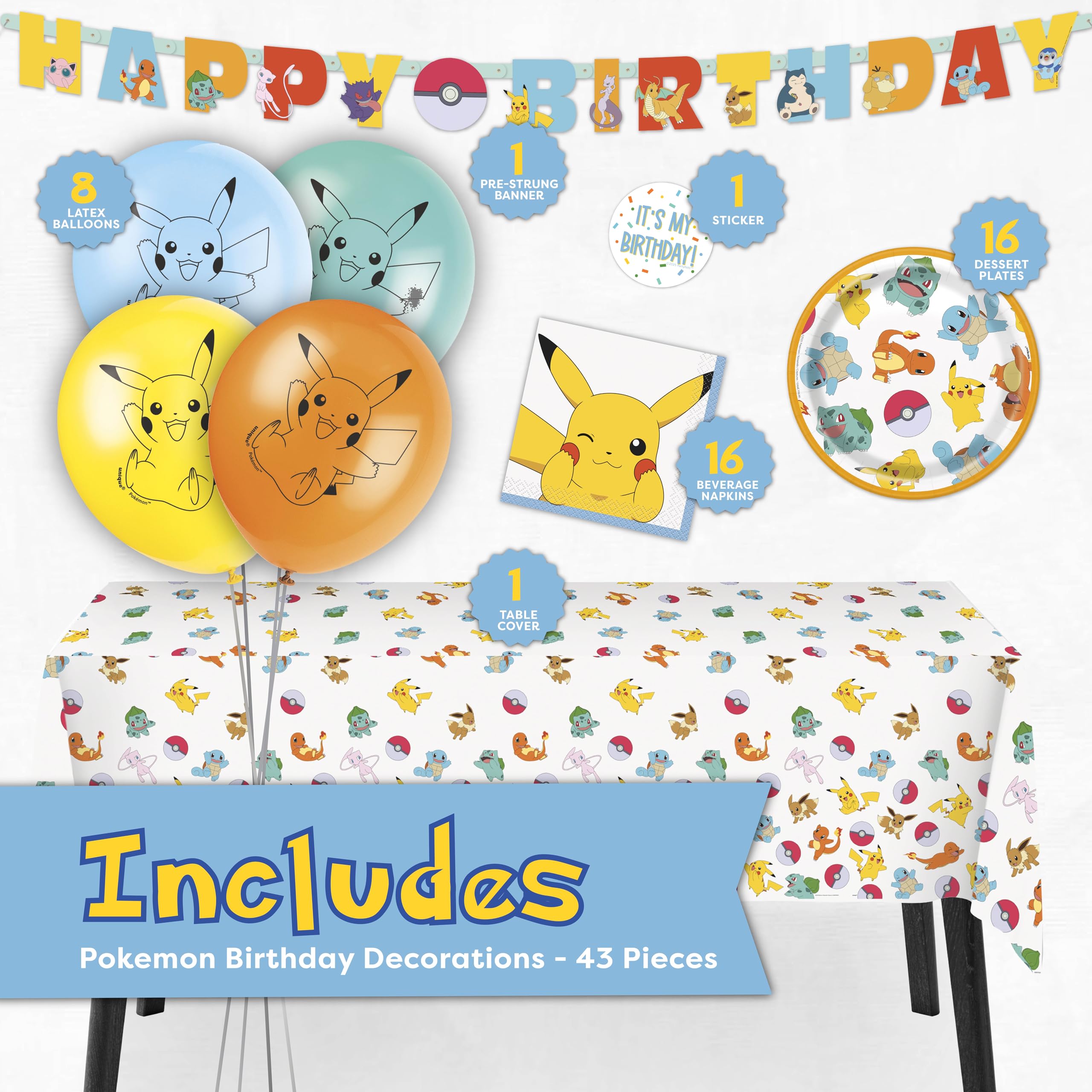 Unique Pokemon birthday plates and napkins provide sturdy, leak-free dining for cake and snacks