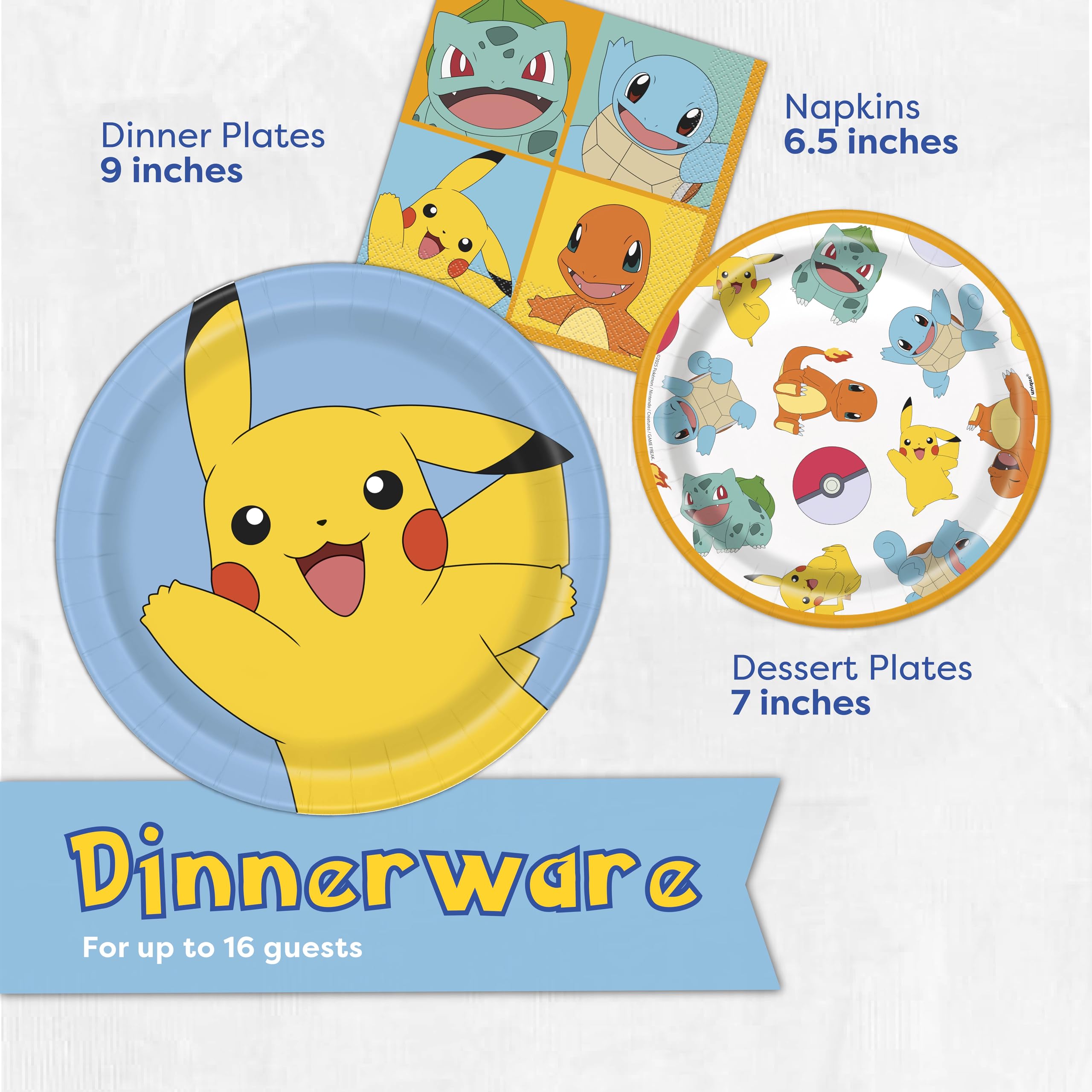 Unique Pokemon 7-inch dessert plates pair with napkins for quick bites.