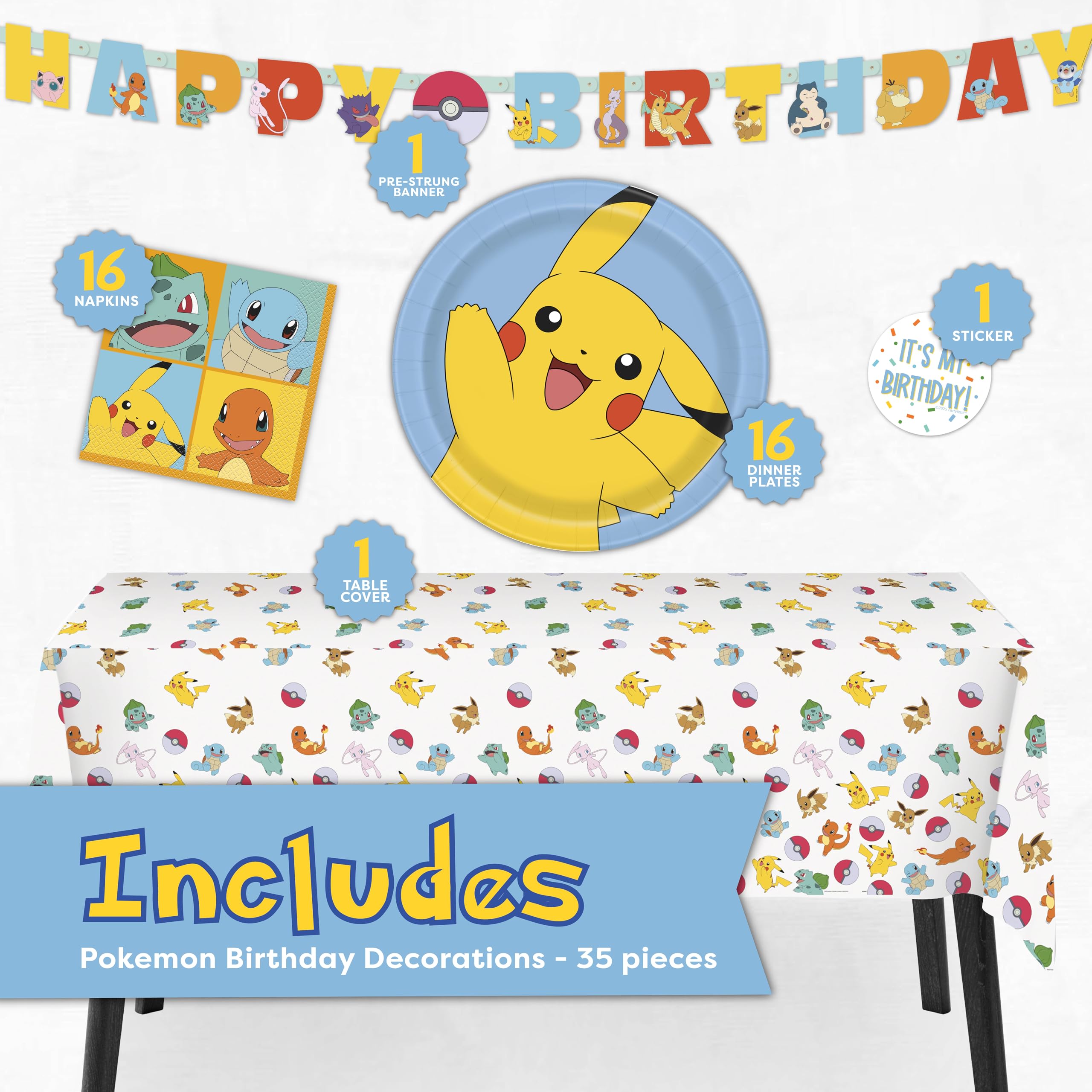 Unique Pokemon tablecloth protects surfaces while tying the theme together for guests.