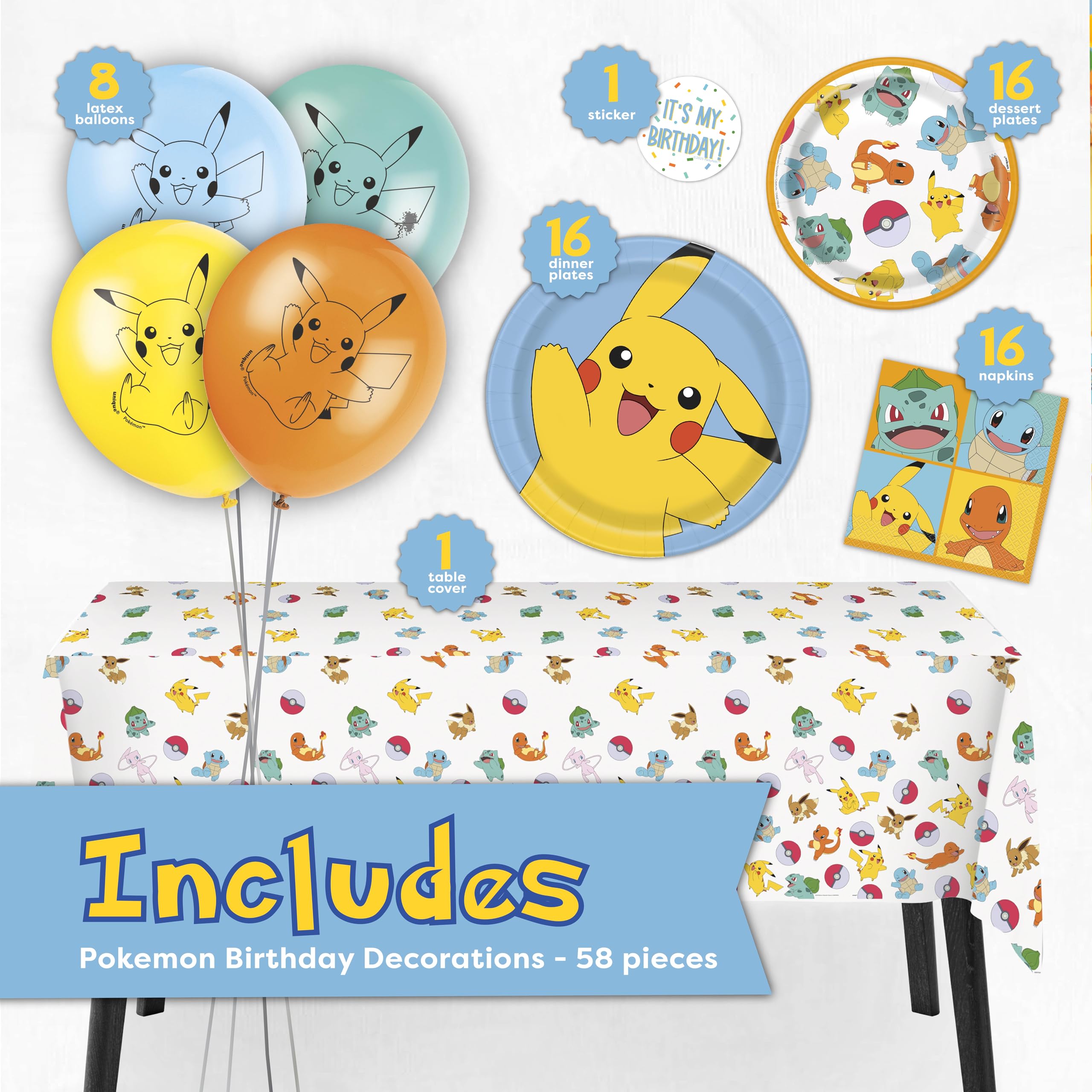 Unique Pokemon table cover protects surfaces while tying the party look together.