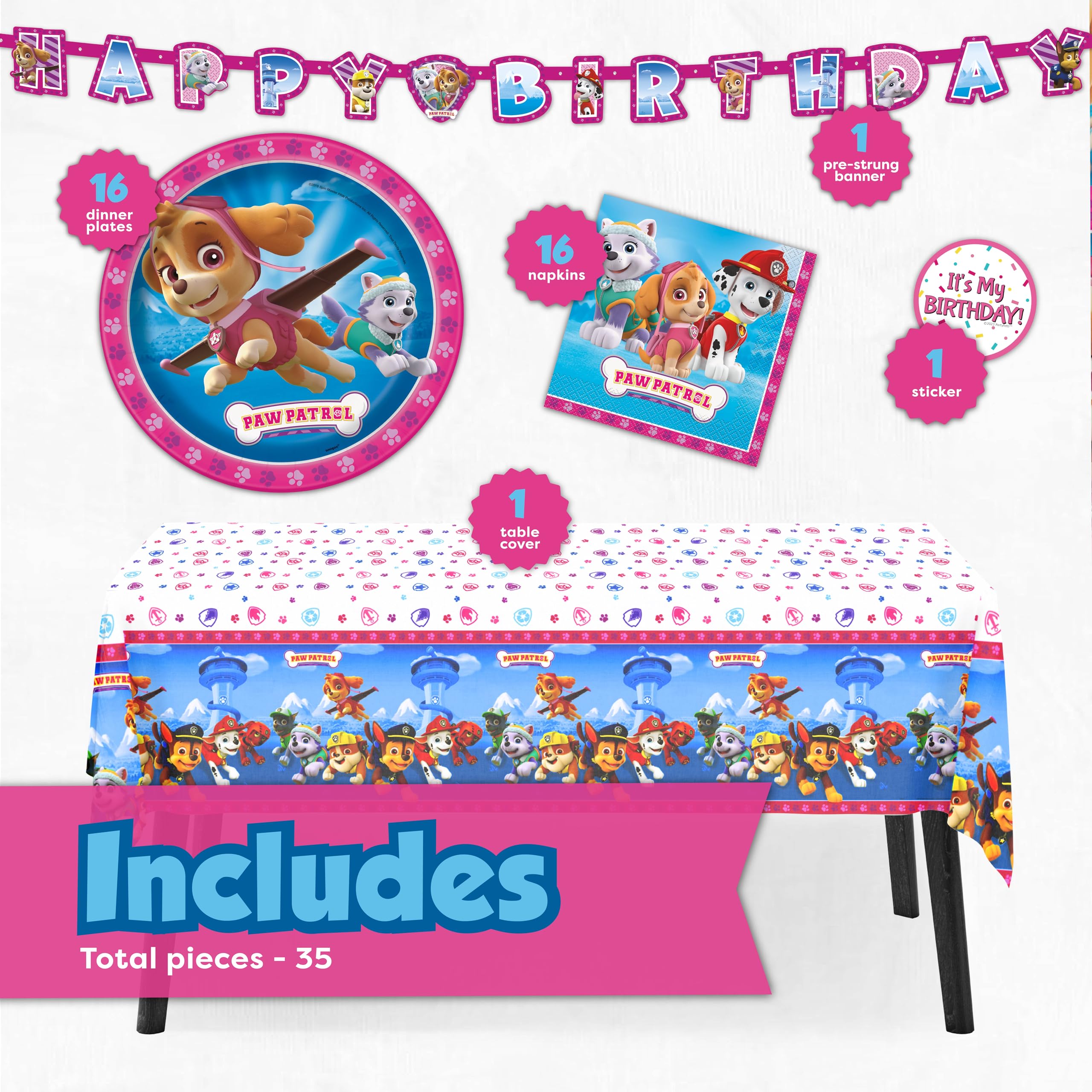 Unique Skye Paw Patrol tablecloth provides spill protection for the party.