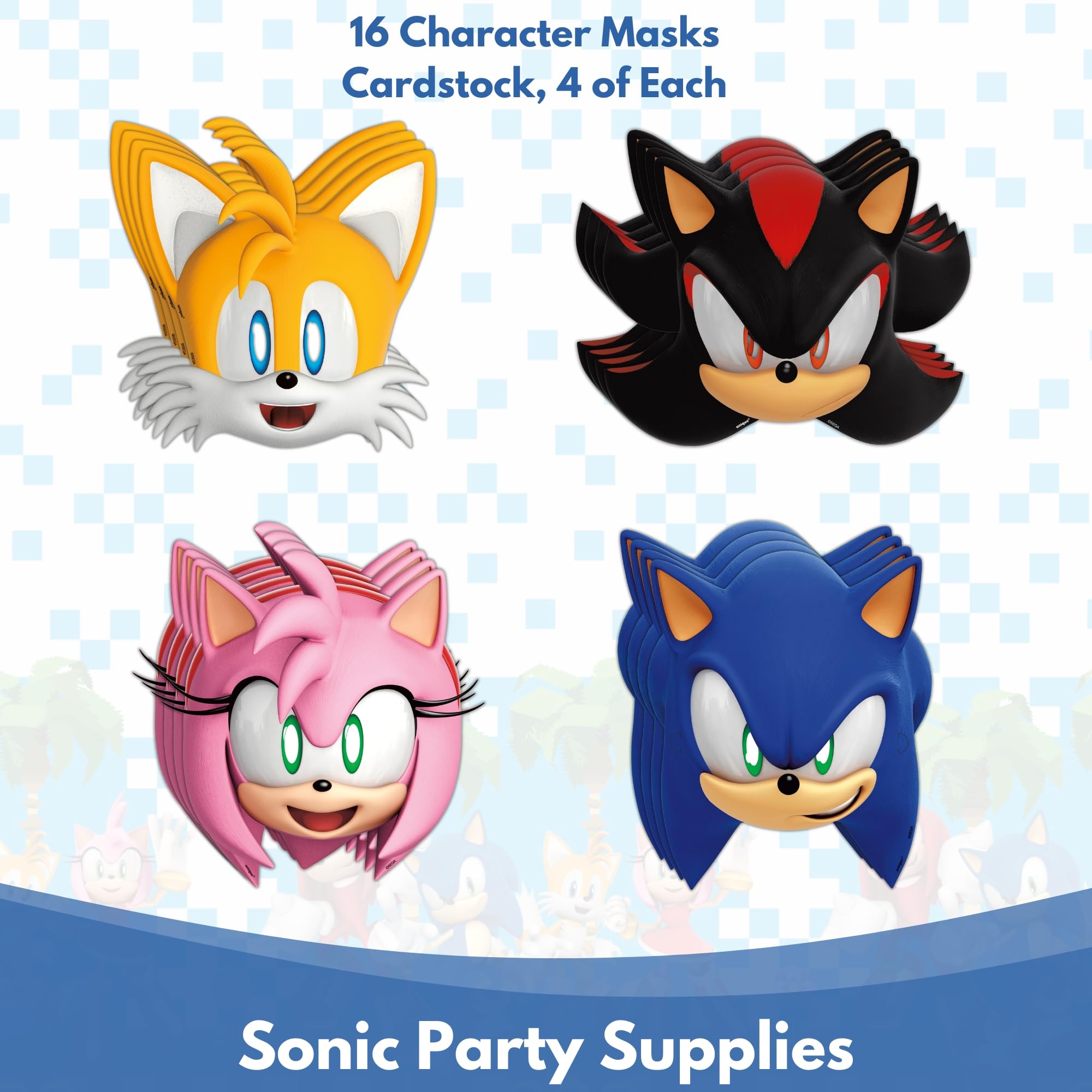 Unique Sonic character masks invite kids to playful photo moments.