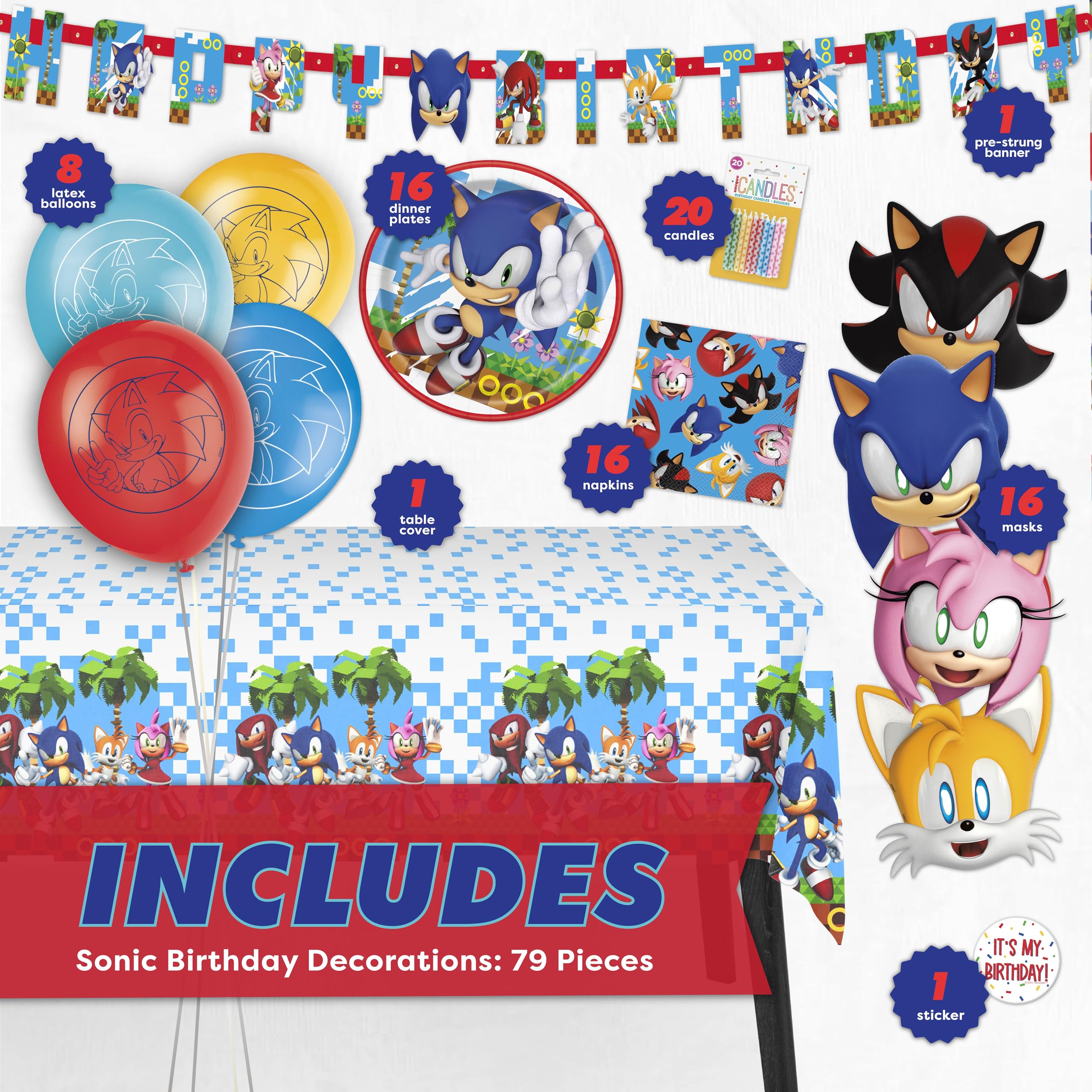 Unique Sonic masks for 16 guests create a fun character moment during the celebration.