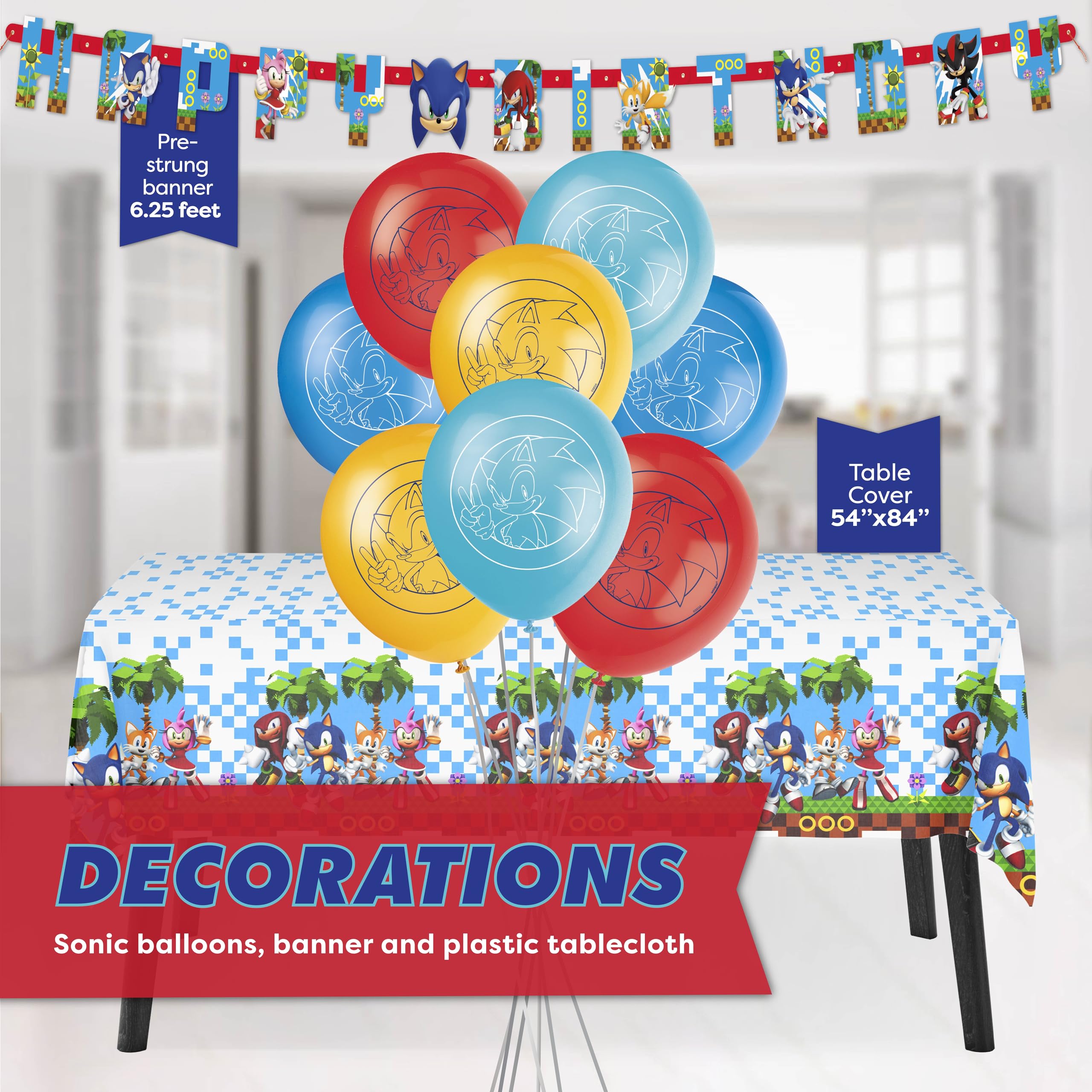 Unique Sonic table cover protects surfaces while hosting snacks and cake.
