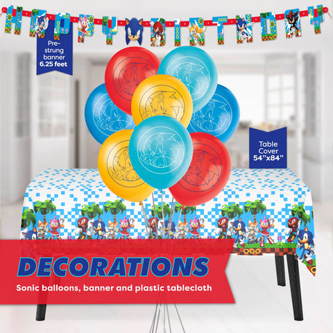 Unique Sonic table cover protects surfaces while hosting snacks and cake.