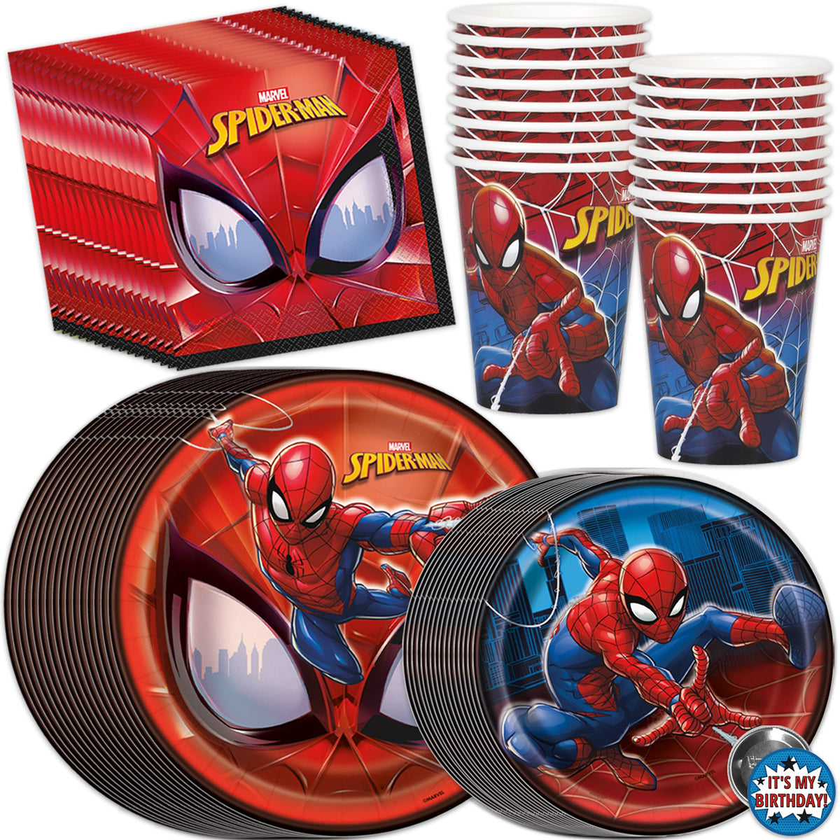 Unique Spiderman birthday pack dinnerware set shows bold plates for a kid-friendly party
