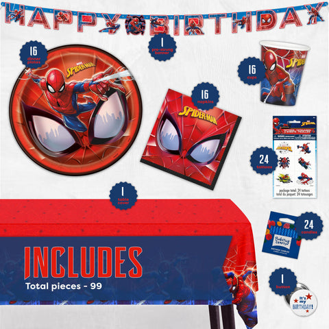 Unique Spiderman plates provide sturdy 9-inch dining for pizza and cake.