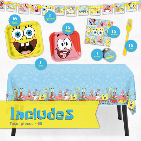 Unique Spongebob tablecloth protects surfaces and brightens the party table.