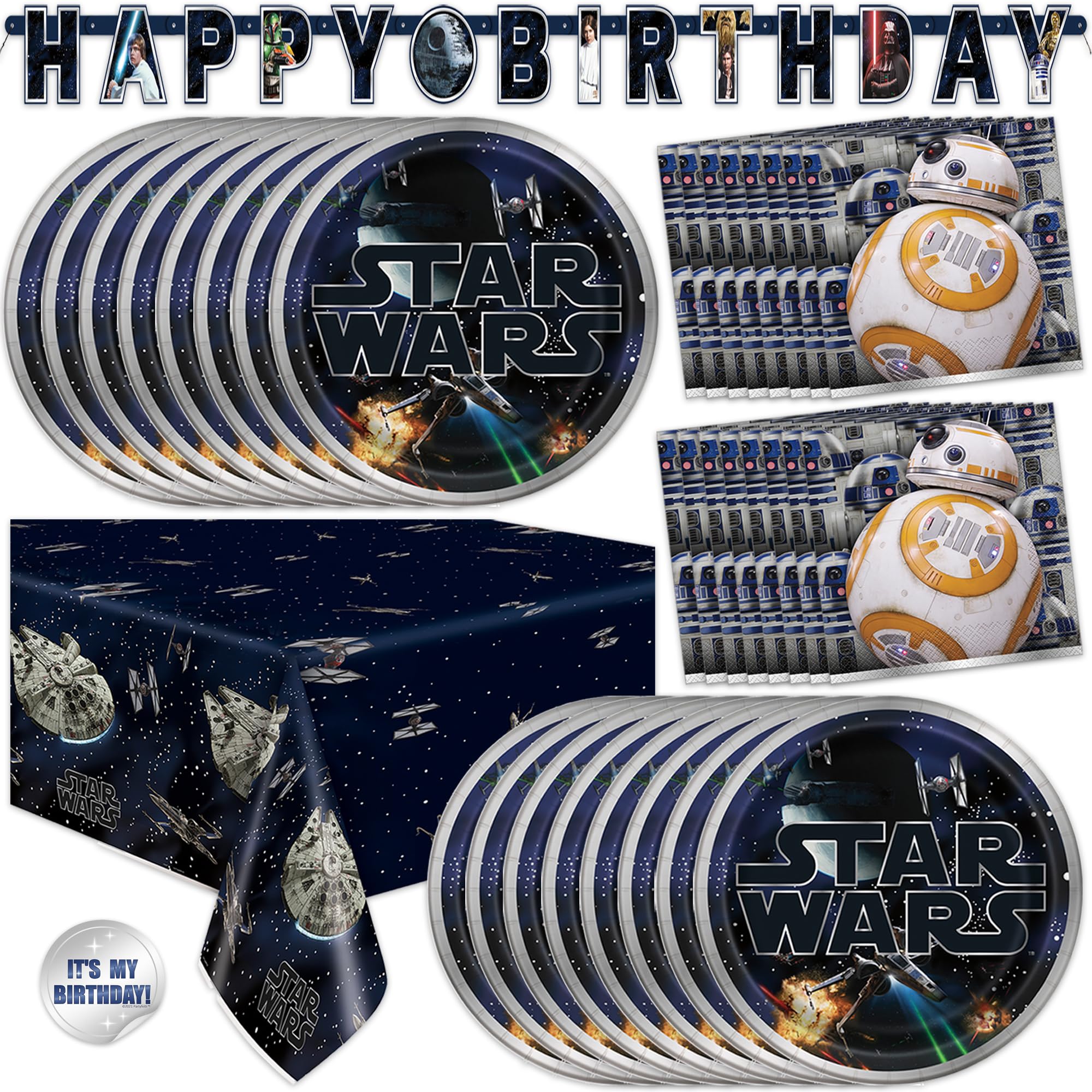 Unique Star Wars banner adds a bold focal point to the party backdrop.