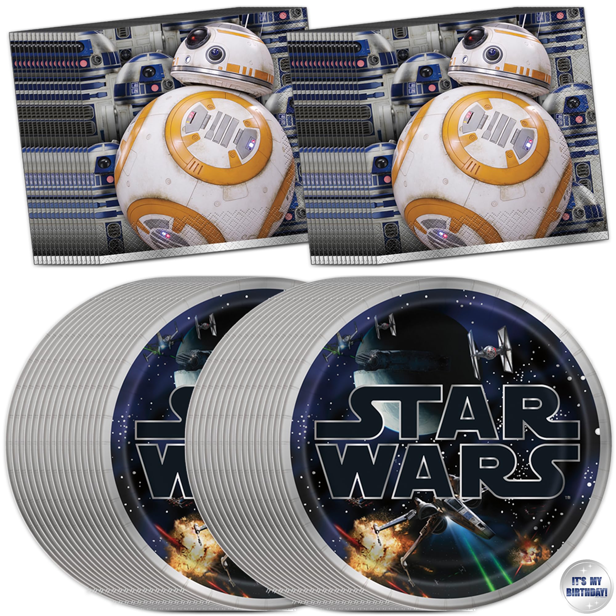 Unique Star Wars birthday decorations kit with plates and napkins for a 32-guest party.