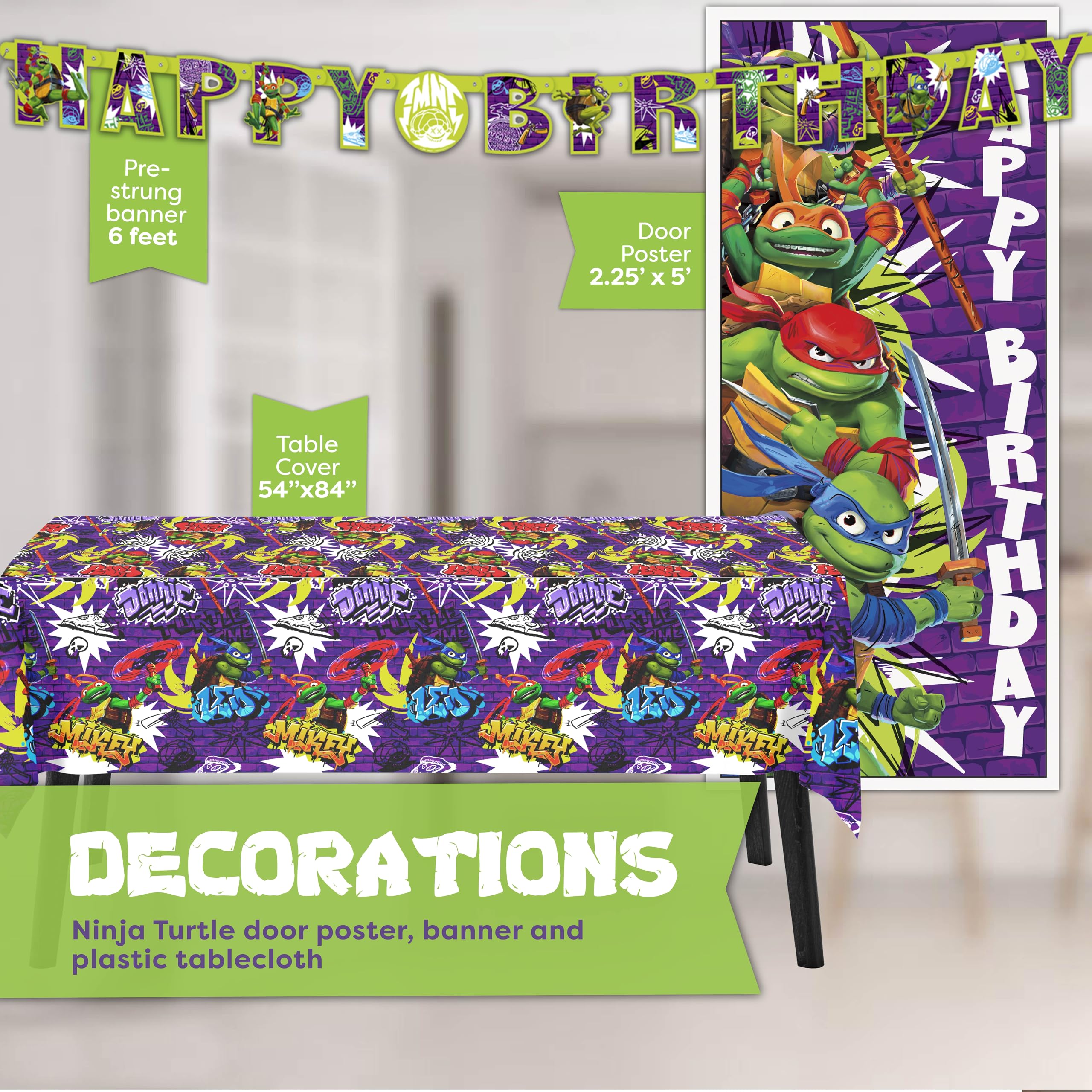 Unique TMNT door poster backdrop creates a fun entry and party photos.