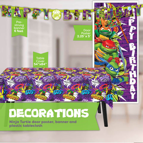 Unique TMNT door poster backdrop creates a fun entry and party photos.