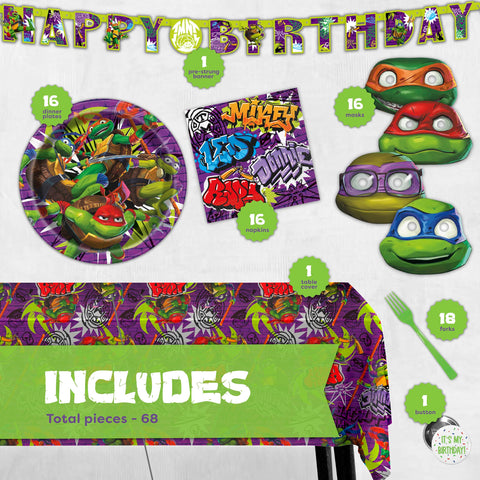 Unique TMNT Happy Birthday banner creates a bold focal point above the gift table.