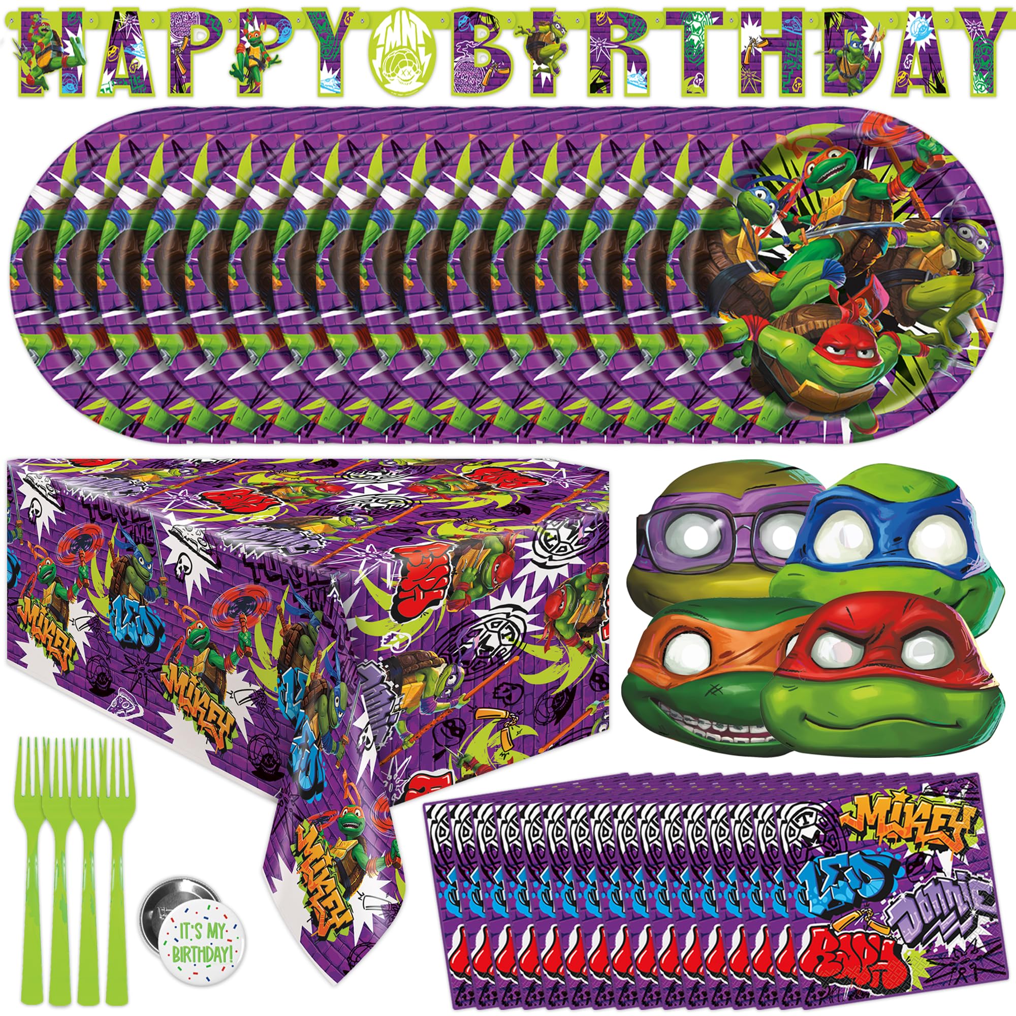 Unique TMNT Mutant Mayhem table cover brightens the party setup and keeps surfaces clean.