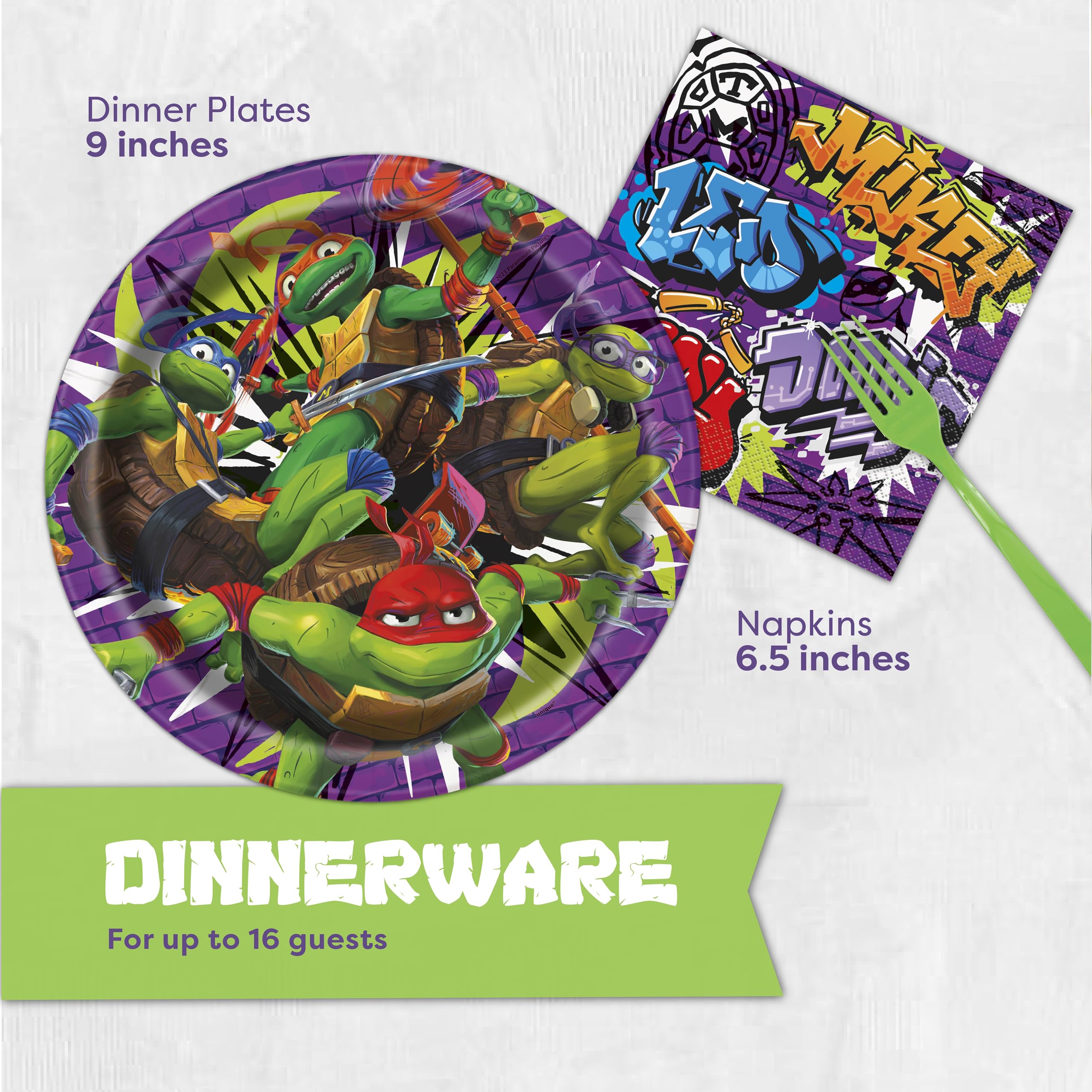 Unique TMNT napkins absorb spills and add color to the table.