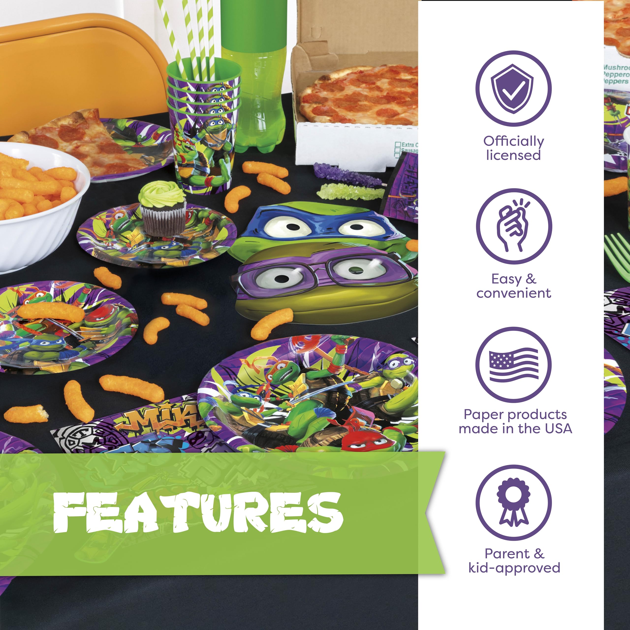 Unique TMNT turtle masks encourage playful photos and party participation.
